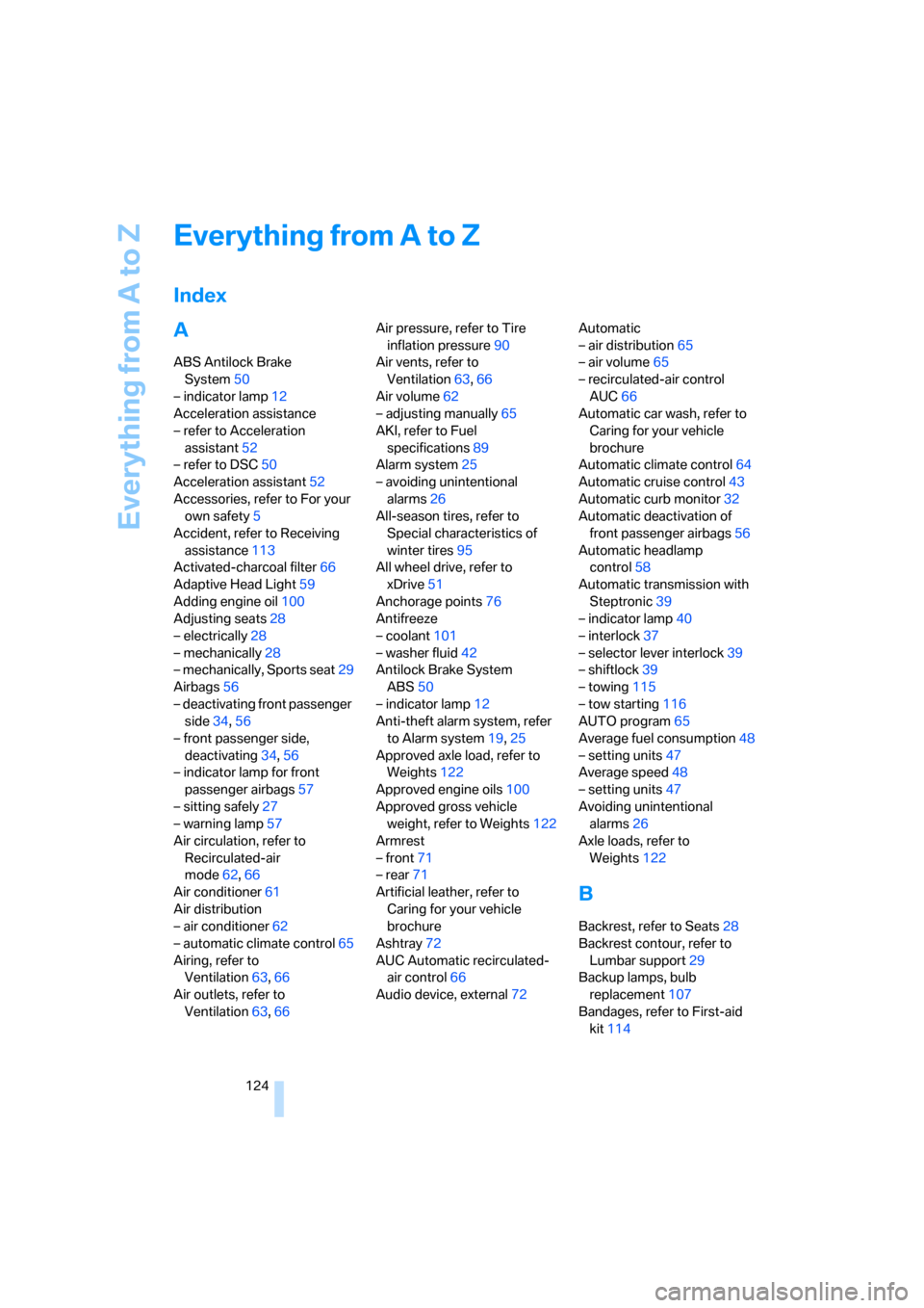 BMW X3 3.0SI 2007 E83 User Guide Everything from A to Z
124
Everything from A to Z
Index
A
ABS Antilock Brake 
System50
– indicator lamp12
Acceleration assistance
– refer to Acceleration 
assistant52
– refer to DSC50
Accelerati