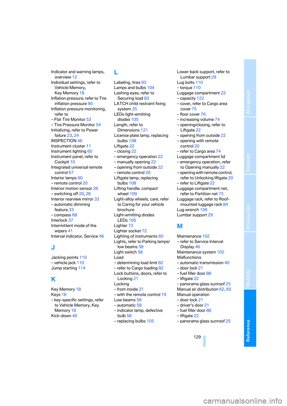 BMW X3 3.0SI 2007 E83 Owners Manual Reference
At a glance
Controls
Driving tips
Mobility
 129
Indicator and warning lamps, 
overview12
Individual settings, refer to 
Vehicle Memory, 
Key Memory18
Inflation pressure, refer to Tire 
infla