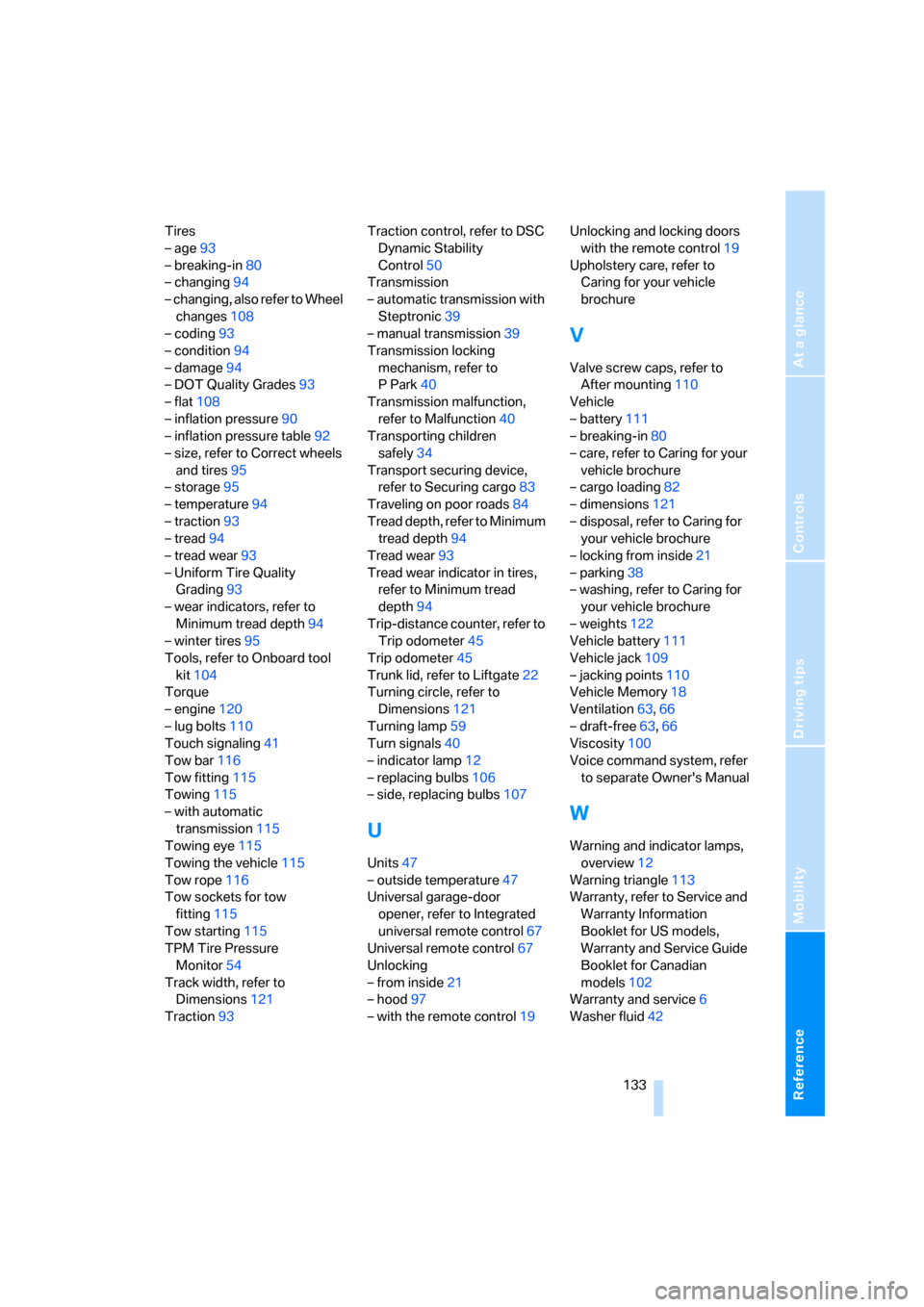 BMW X3 3.0I 2007 E83 User Guide Reference
At a glance
Controls
Driving tips
Mobility
 133
Tires
– age93
– breaking-in80
– changing94
– changing, also refer to Wheel 
changes108
– coding93
– condition94
– damage94
– D