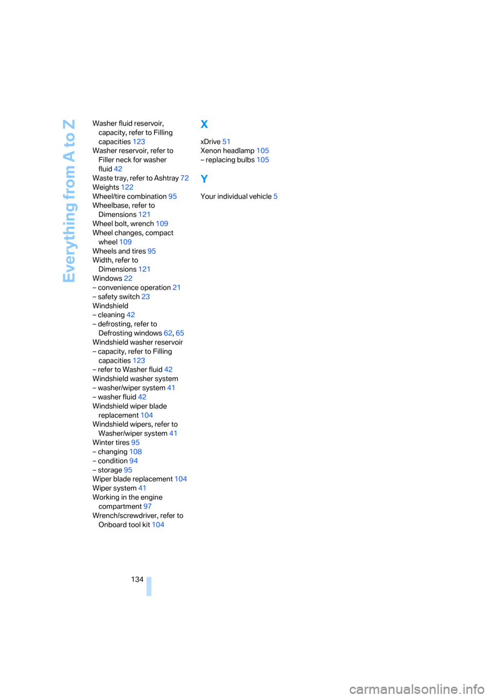 BMW X3 3.0SI 2007 E83 Owners Manual Everything from A to Z
134 Washer fluid reservoir, 
capacity, refer to Filling 
capacities123
Washer reservoir, refer to 
Filler neck for washer 
fluid42
Waste tray, refer to Ashtray72
Weights122
Whee