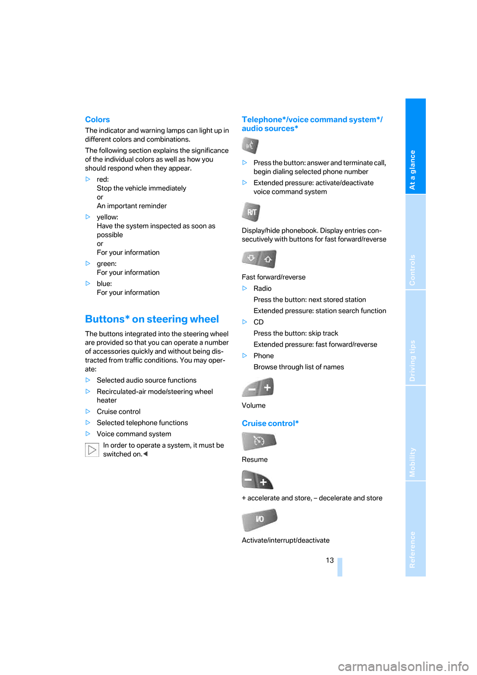 BMW X3 3.0I 2007 E83 User Guide At a glance
Controls
Driving tips
Mobility Reference
 13
Colors
The indicator and warning lamps can light up in 
different colors and combinations.
The following section explains the significance 
of 