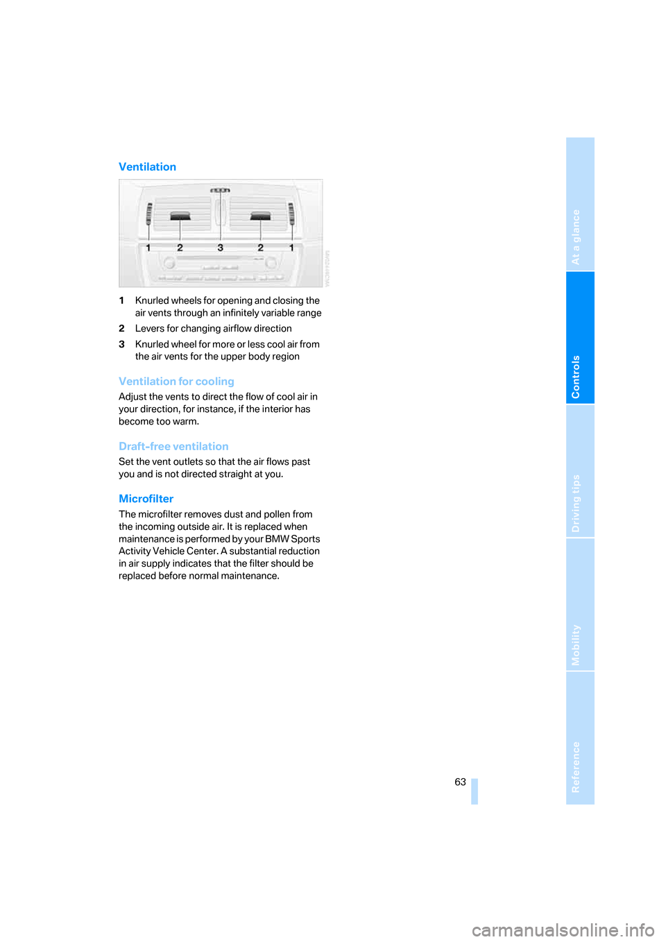 BMW X3 3.0SI 2007 E83 Owners Manual Reference
At a glance
Controls
Driving tips
Mobility
 63
Ventilation
1Knurled wheels for opening and closing the 
air vents through an infinitely variable range
2Levers for changing airflow direction
