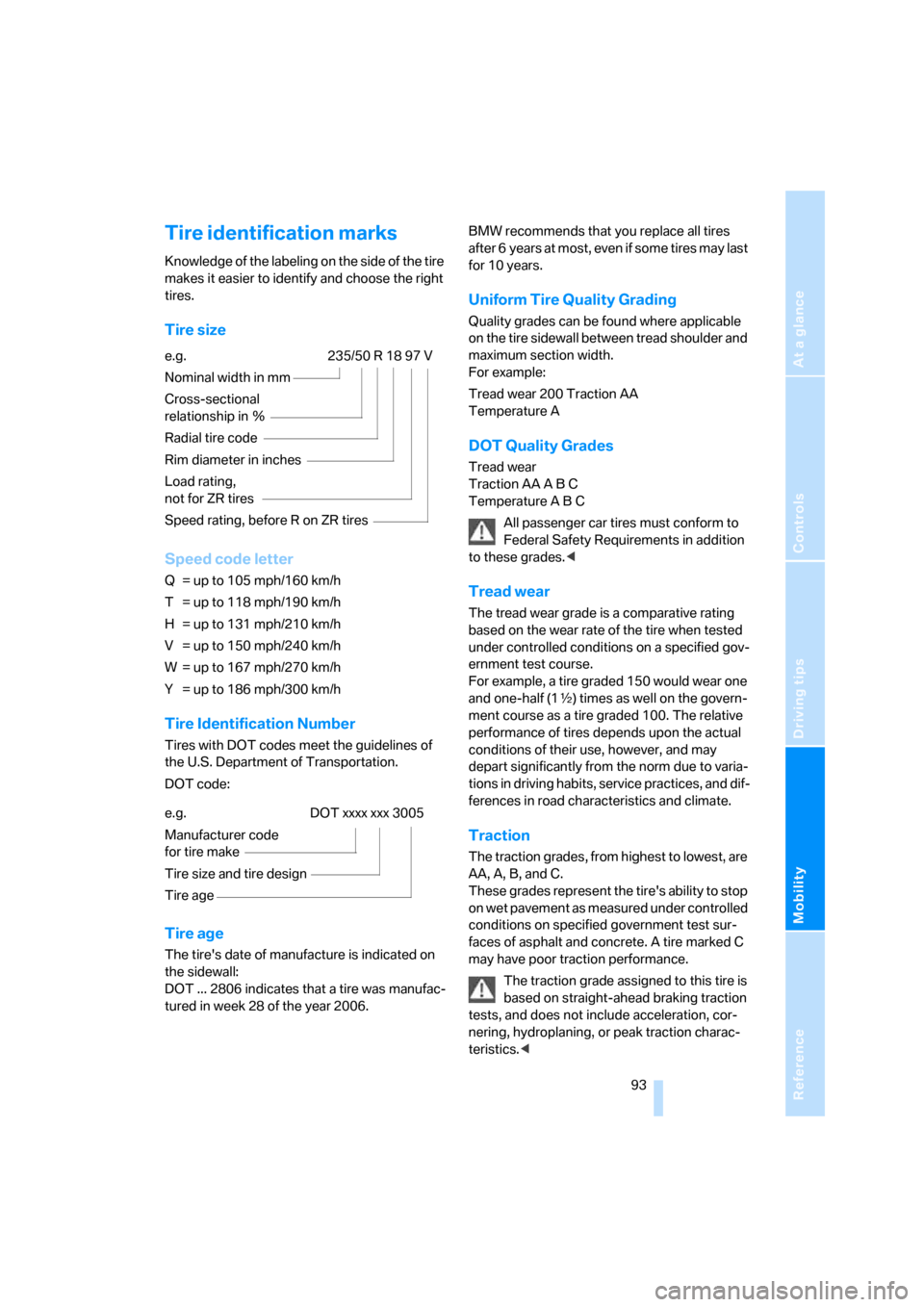 BMW X3 3.0SI 2007 E83 Owners Manual Reference
At a glance
Controls
Driving tips
Mobility
 93
Tire identification marks
Knowledge of the labeling on the side of the tire 
makes it easier to identify and choose the right 
tires.
Tire size