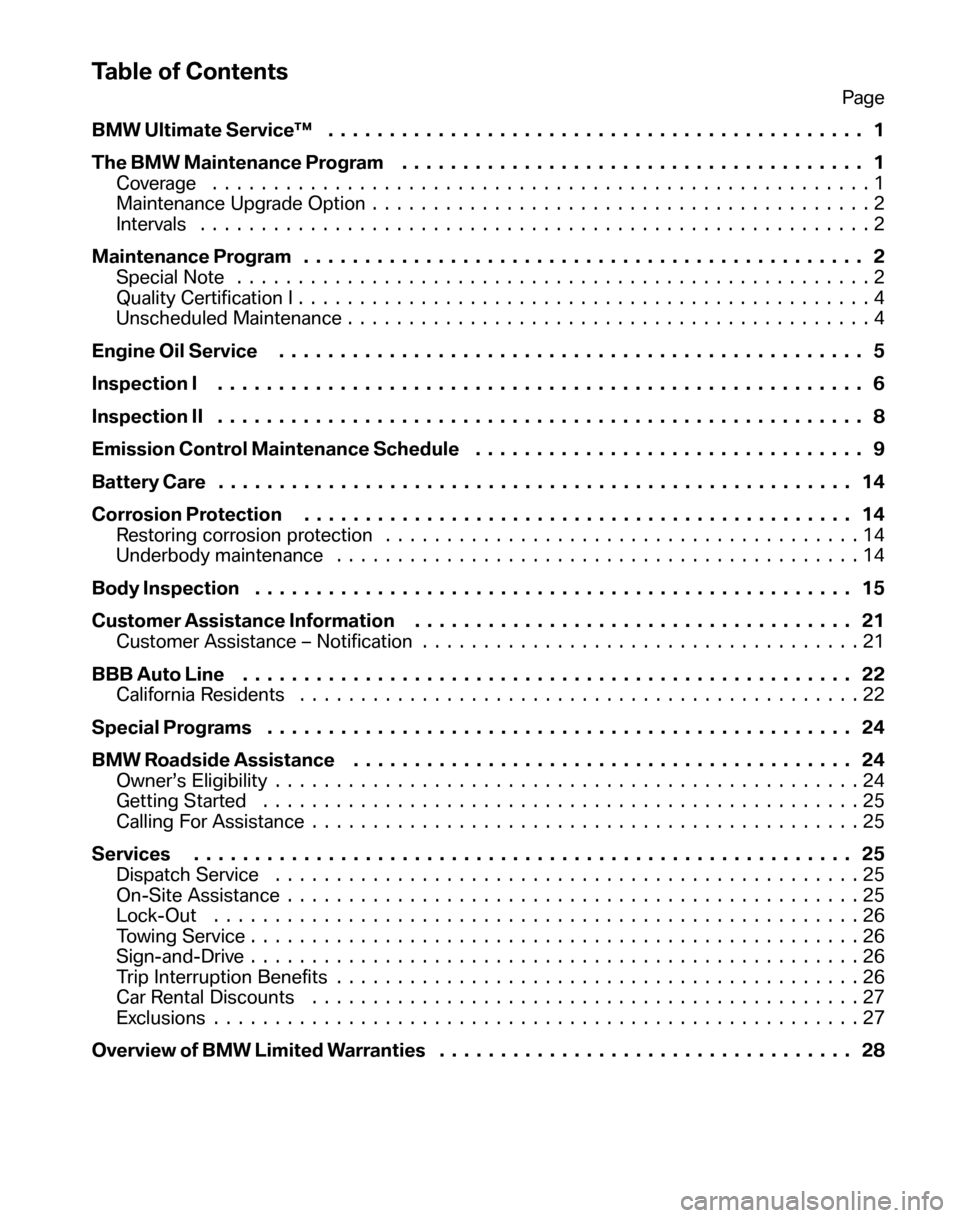 BMW X3 2008 E83 Service and warranty information Table of Contents
Page 
BMW Ultimate Service™  ............................................ 1 
The BMW Maintenance Program  ...................................... 1 
Coverage .......................