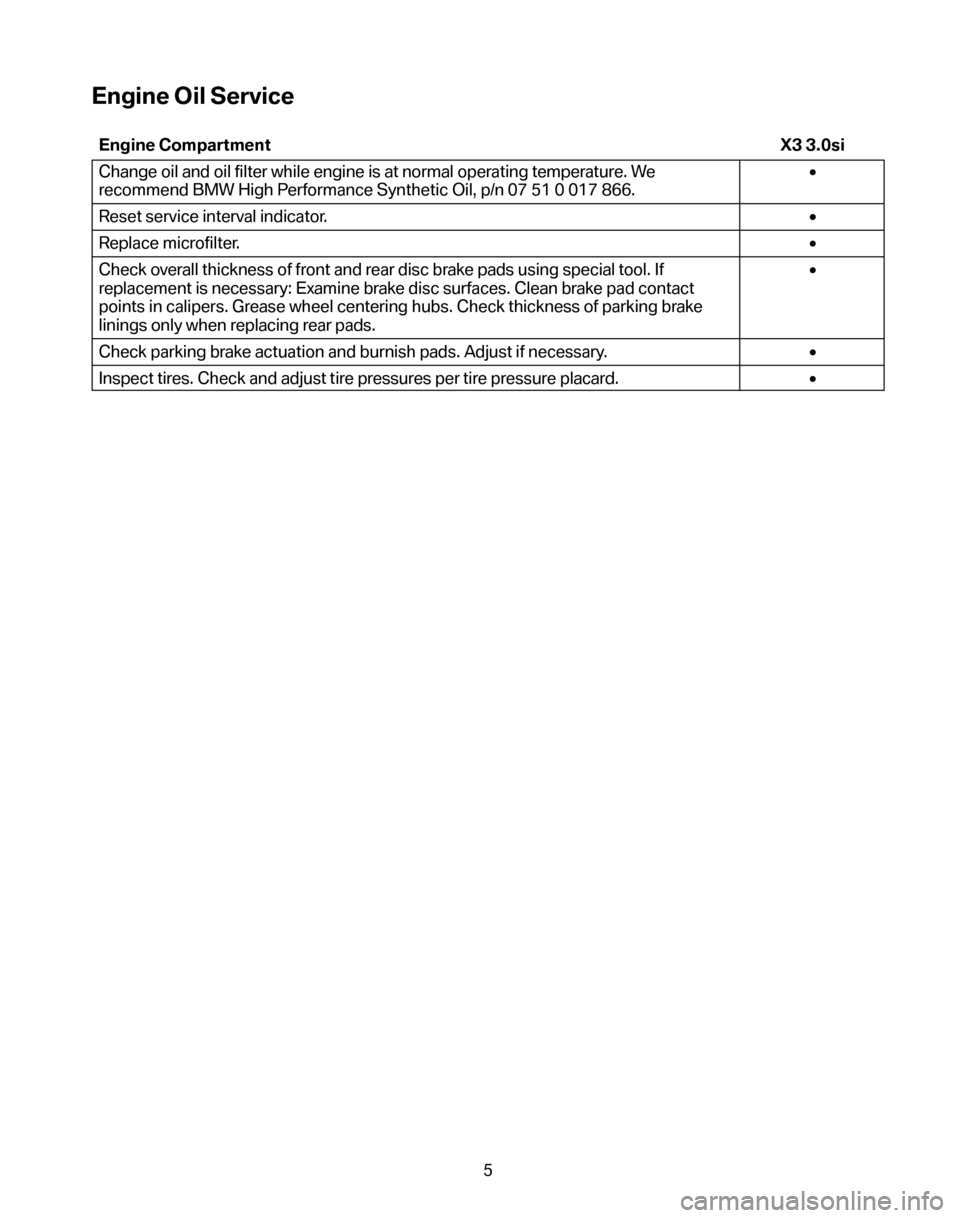 BMW X3 2008 E83 Service and warranty information Engine Oil Service
Engine Compartment X3 3.0si 
Change oil and oil filter while engine is at normal operating temperature. We 
recommend BMW High Performance Synthetic Oil, p/n 07 51 0 017 866. • 
R