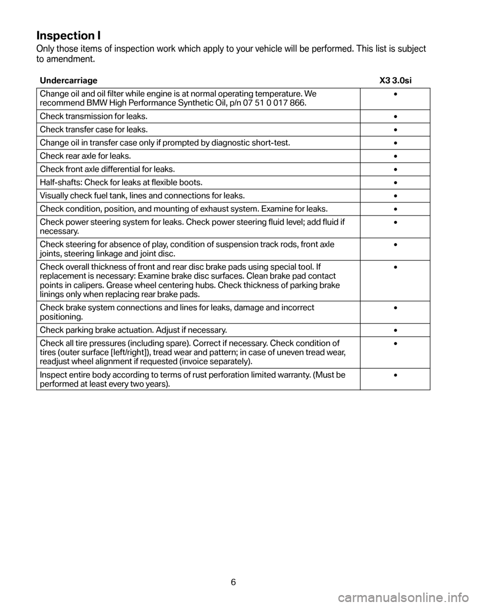 BMW X3 2008 E83 Service and warranty information Inspection I
Only those items of inspection work which apply to your vehicle will be performed. This list is subject 
to amendment.
Undercarriage X3 3.0si 
Change oil and oil filter while engine is at