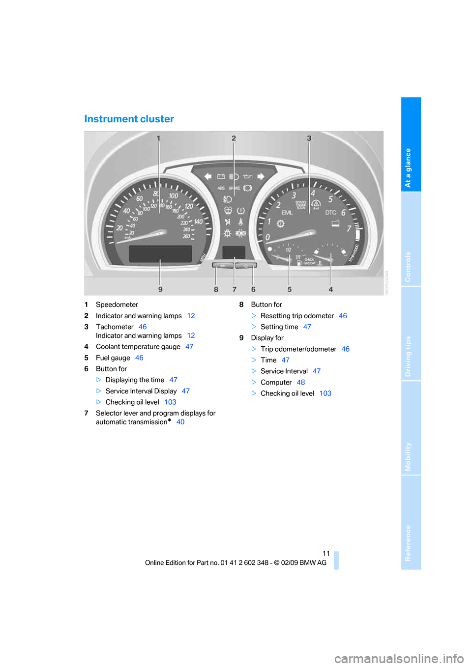 BMW X3 XDRIVE 28I 2010 E83 User Guide At a glance
Controls
Driving tips
Mobility Reference
11
Instrument cluster
1Speedometer
2Indicator and warning lamps12
3Tachometer46
Indicator and warning lamps12
4Coolant temperature gauge47
5Fuel g BMW X3 XDRIVE 28I 2010 E83 User Guide At a glance
Controls
Driving tips
Mobility Reference
11
Instrument cluster
1Speedometer
2Indicator and warning lamps12
3Tachometer46
Indicator and warning lamps12
4Coolant temperature gauge47
5Fuel g