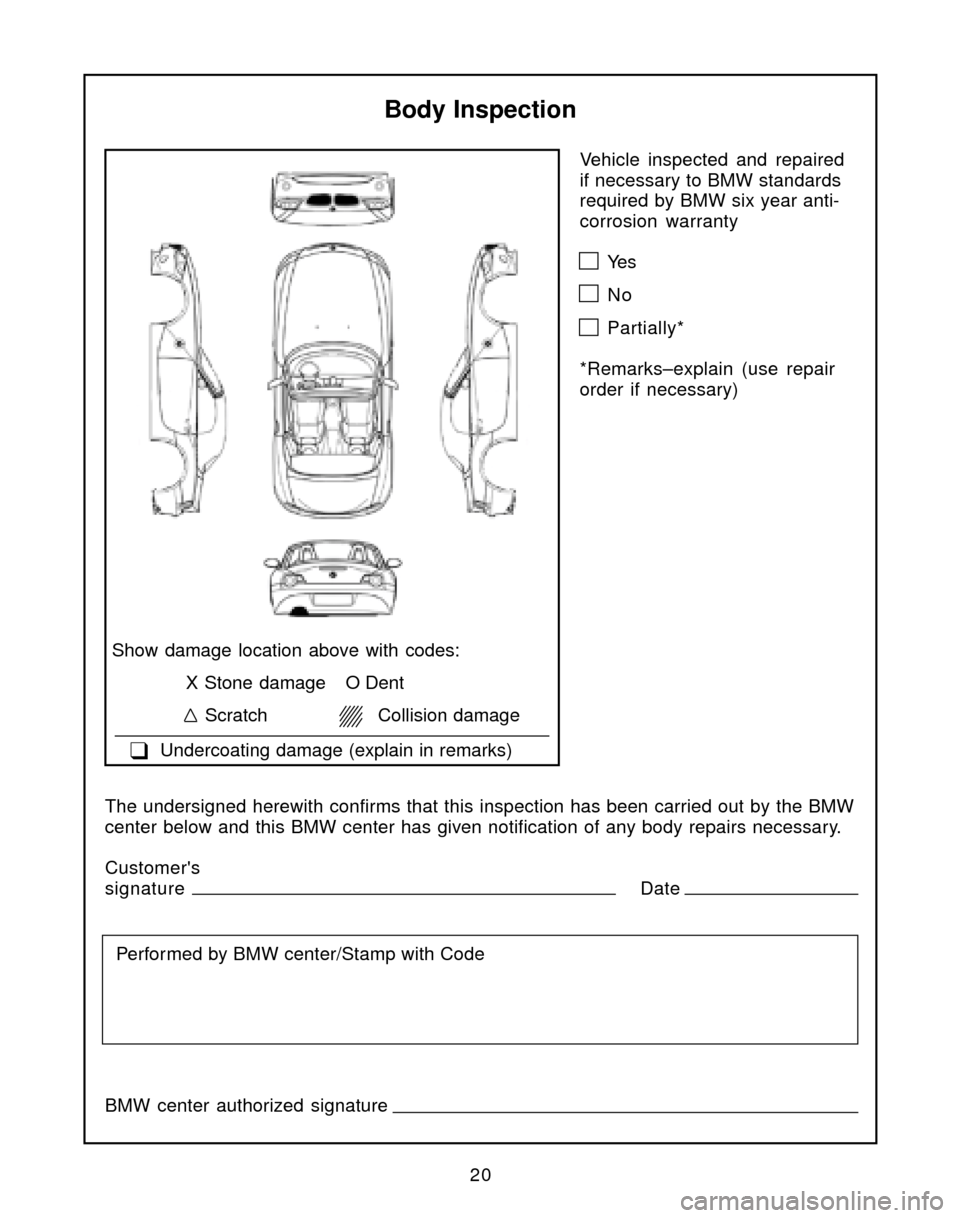 BMW Z4 ROADSTER 2004 E85 Service and warranty information Vehicle inspected and repaired
if necessary to BMW standards
required by BMW six year anti-
corrosion warranty
Ye s
No
Partially*
*Remarks–explain (use repair
order if necessary)
Body Inspection
Sho