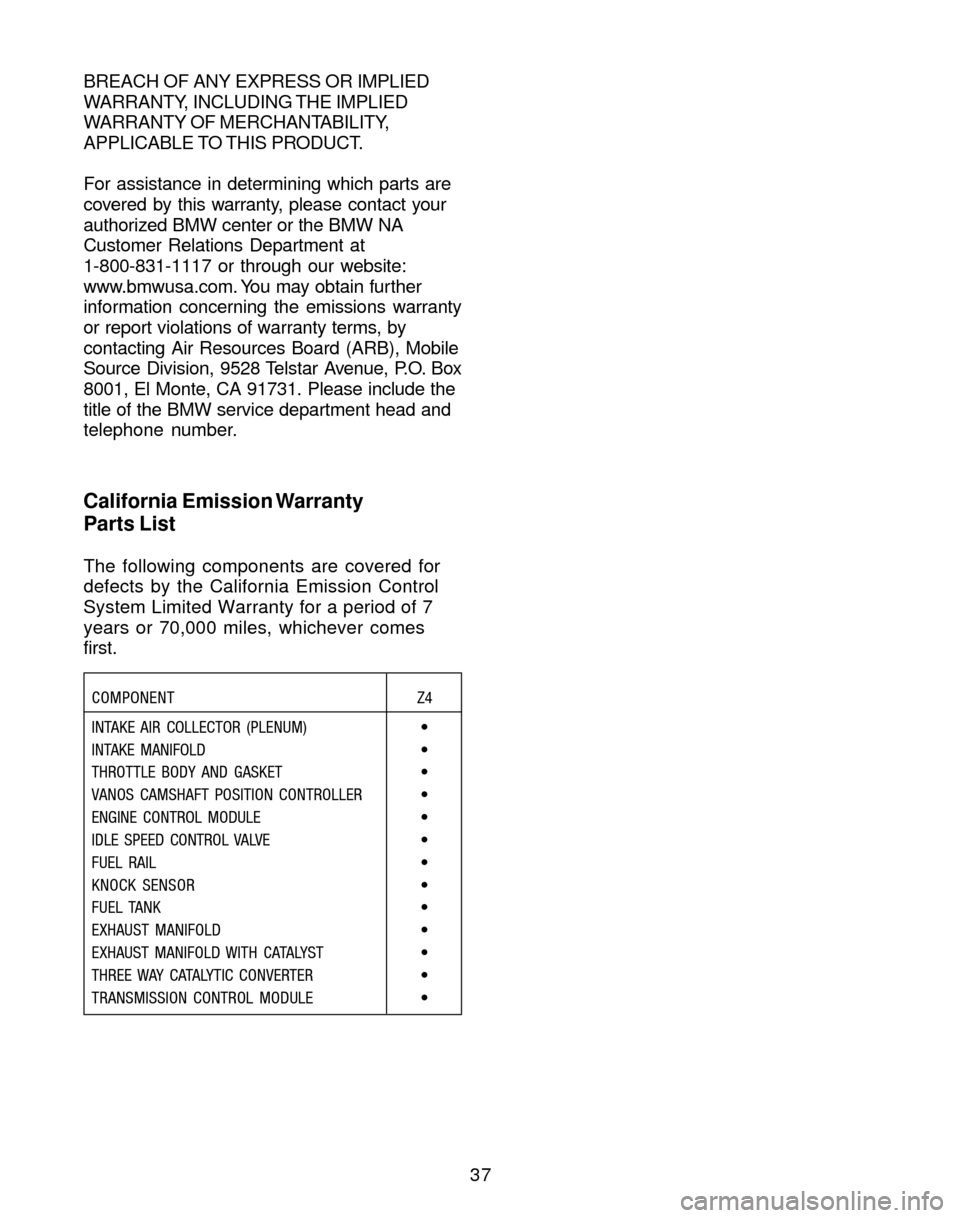 BMW Z4 ROADSTER 2004 E85 Service and warranty information 37 BREACH OF ANY EXPRESS OR IMPLIED
WARRANTY, INCLUDING THE IMPLIED
WARRANTY OF MERCHANTABILITY,
APPLICABLE TO THIS PRODUCT.
For assistance in determining which parts are
covered by this warranty, ple