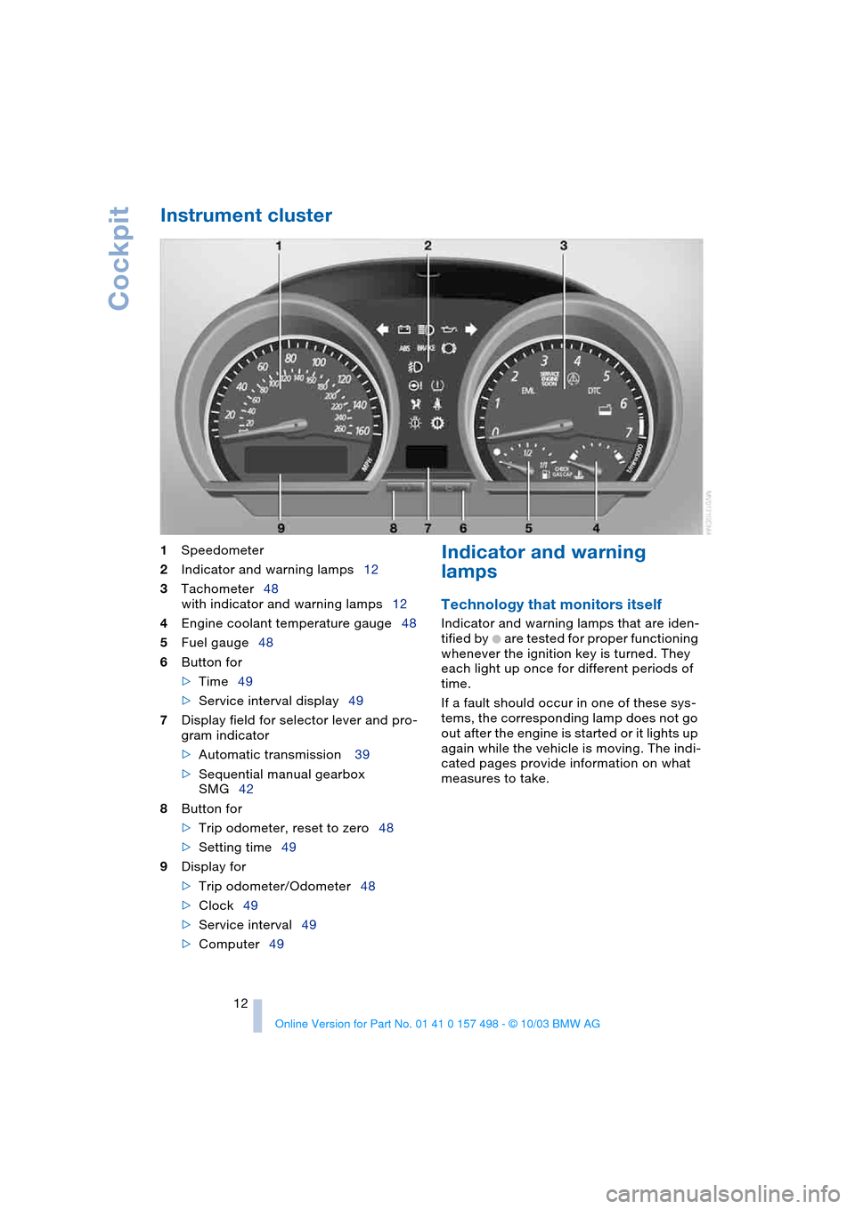 BMW Z4 ROADSTER 2.5I 2004 E85 User Guide
Cockpit
12
Instrument cluster
1
Speedometer
2
Indicator and warning lamps12
3
Tachometer48
with indicator and warning lamps12
4
Engine coolant temperature gauge48
5
Fuel gaug BMW Z4 ROADSTER 2.5I 2004 E85 User Guide
Cockpit
12
Instrument cluster
1
Speedometer
2
Indicator and warning lamps12
3
Tachometer48
with indicator and warning lamps12
4
Engine coolant temperature gauge48
5
Fuel gaug