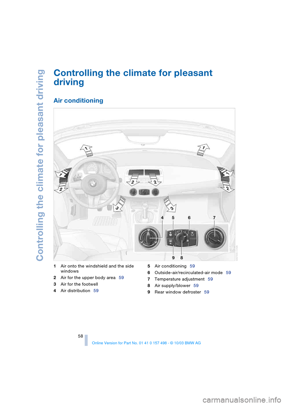 BMW Z4 ROADSTER 2.5I 2004 E85 Workshop Manual Controlling the climate for pleasant driving
58
Controlling the climate for pleasant
driving
Air conditioning
1Air onto the windshield and the side
windows
2Air for the upper body area59
3Air for t BMW Z4 ROADSTER 2.5I 2004 E85 Workshop Manual Controlling the climate for pleasant driving
58
Controlling the climate for pleasant
driving
Air conditioning
1Air onto the windshield and the side
windows
2Air for the upper body area59
3Air for t
