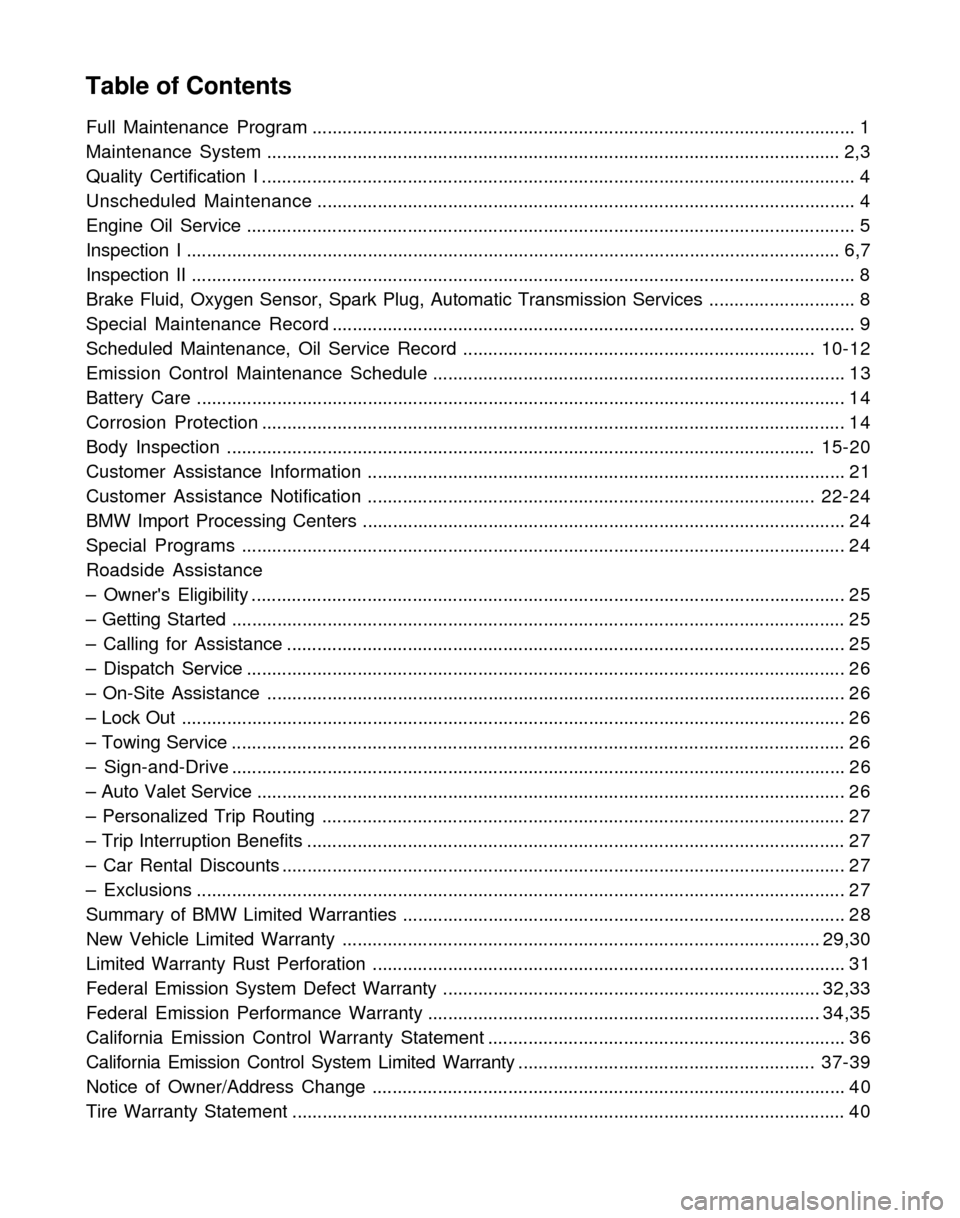 BMW Z4 ROADSTER 2005 E85 Service and warranty information Table of Contents
Full Maintenance Program............................................................................................................ 1
Maintenance System.............................