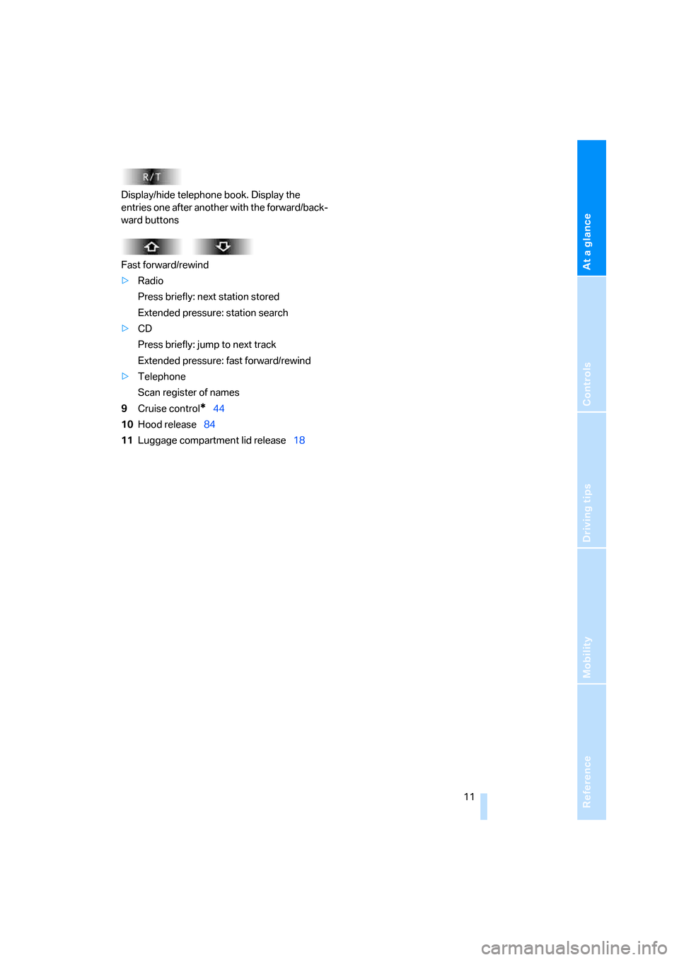 BMW Z4 ROADSTER 3.0I 2005 E85 Owners Manual At a glance
Controls
Driving tips
Mobility Reference
 11
Display/hide telephone book. Display the 
entries one after another with the forward/back-
ward buttons
Fast forward/rewind
>Radio
Press briefl