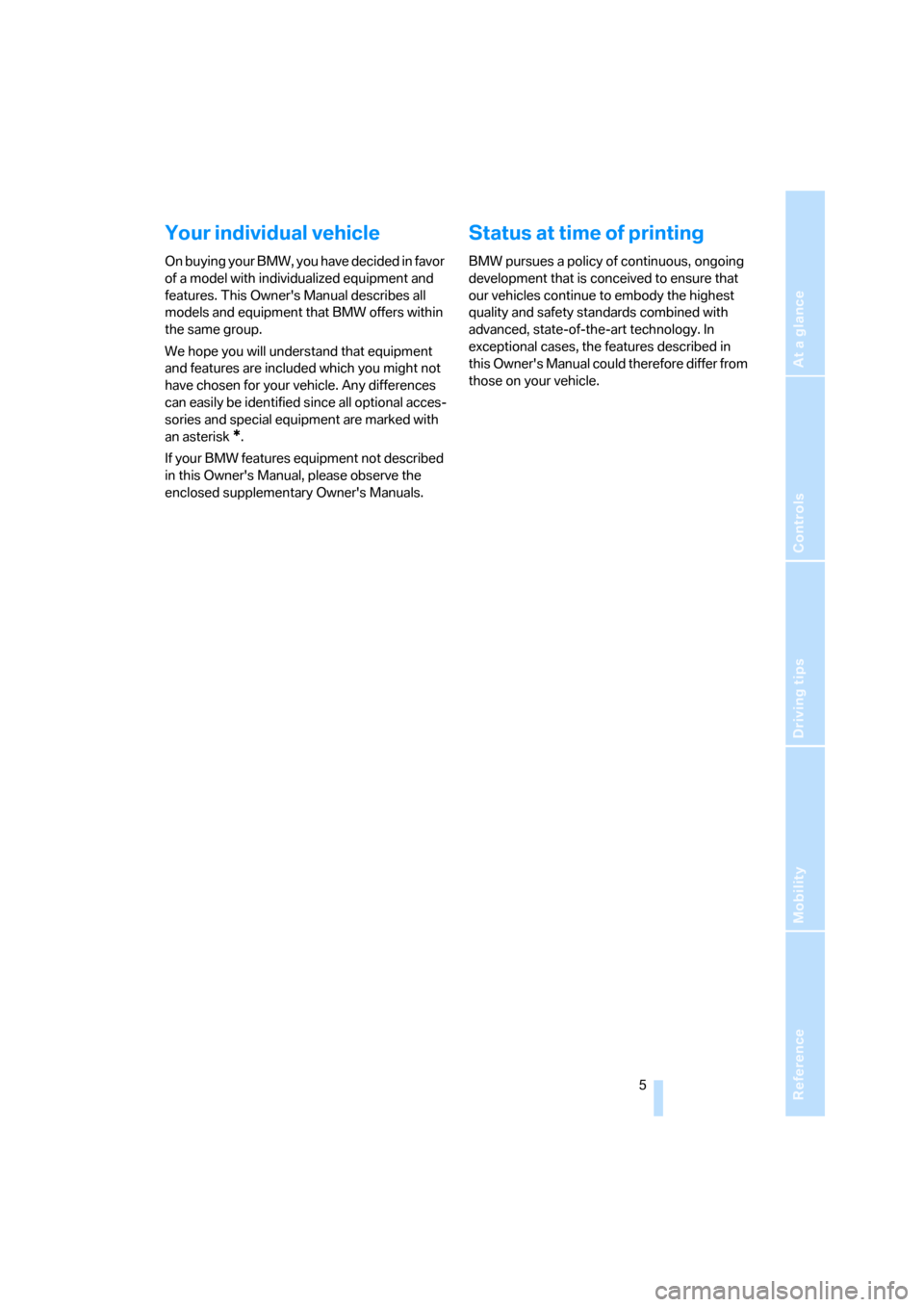 BMW Z4 ROADSTER 2.5I 2005 E85 Owners Manual Reference
At a glance
Controls
Driving tips
Mobility
 5
Your individual vehicle
O n  b u y i n g  y o u r  B M W ,  y o u  h a v e  d e c i d e d  i n  f a v o r  
of a model with individualized equip