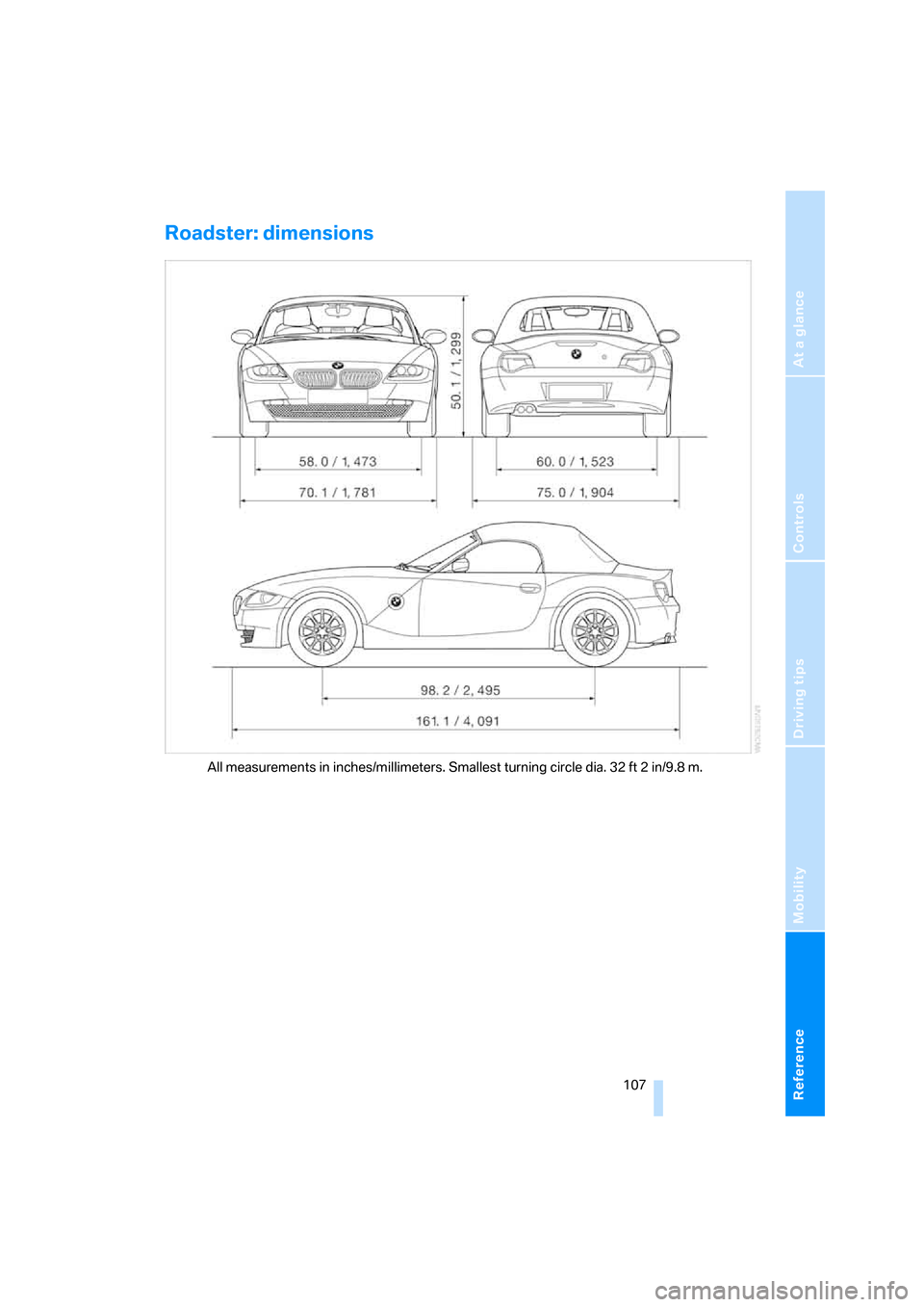 BMW Z4 ROADSTER 2006 E85 Owners Manual Reference
At a glance
Controls
Driving tips
Mobility
107
Roadster: dimensions
All measurements in inches/millimeters. Smallest turning circle dia. 32 ft 2 in/9.8 m. BMW Z4 ROADSTER 2006 E85 Owners Manual Reference
At a glance
Controls
Driving tips
Mobility
107
Roadster: dimensions
All measurements in inches/millimeters. Smallest turning circle dia. 32 ft 2 in/9.8 m.