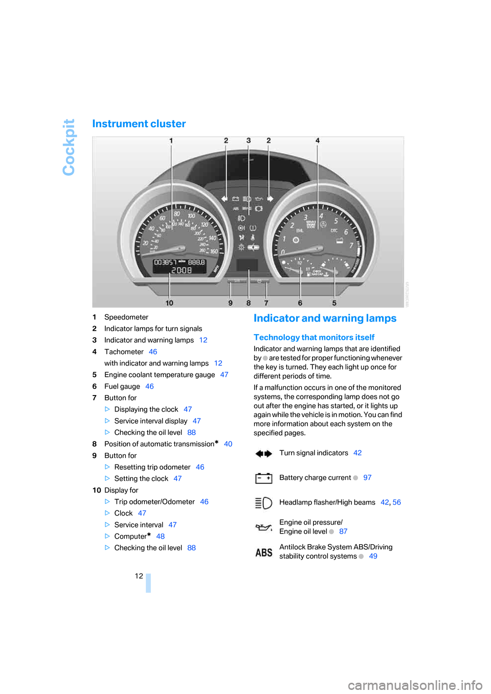 BMW Z4 ROADSTER 2006 E85 User Guide Cockpit
12
Instrument cluster
1Speedometer
2Indicator lamps for turn signals
3Indicator and warning lamps12
4Tachometer46
with indicator and warning lamps12
5Engine coolant temperature gauge47
6Fuel g BMW Z4 ROADSTER 2006 E85 User Guide Cockpit
12
Instrument cluster
1Speedometer
2Indicator lamps for turn signals
3Indicator and warning lamps12
4Tachometer46
with indicator and warning lamps12
5Engine coolant temperature gauge47
6Fuel g