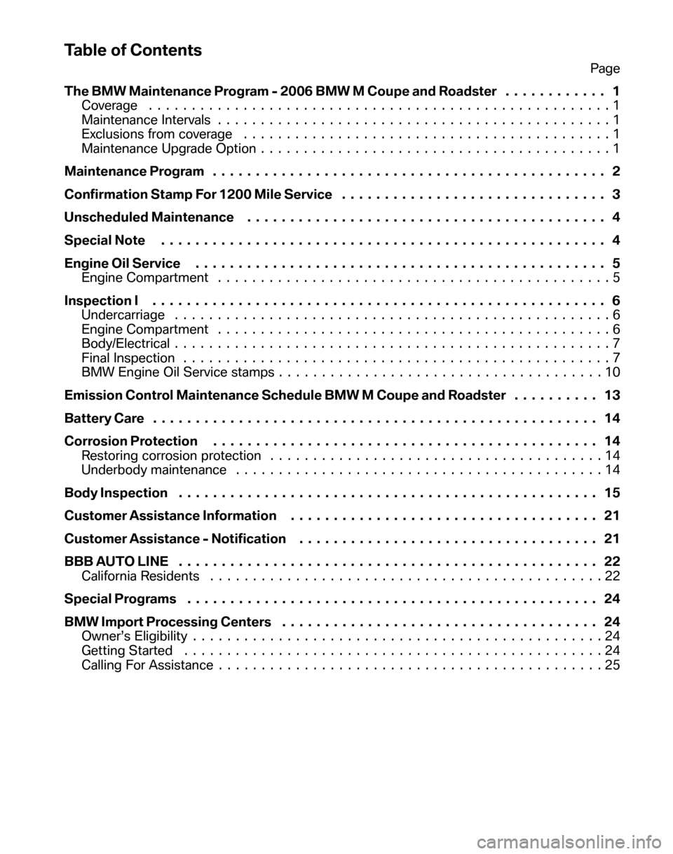 BMW Z4M COUPE 2006 E86 Service and warranty information Table of Contents
Page 
The BMW Maintenance Program - 2006 BMW M Coupe and Roadster . .  .......... 1 
Coverage ......................................................1
Maintenance Intervals  .........