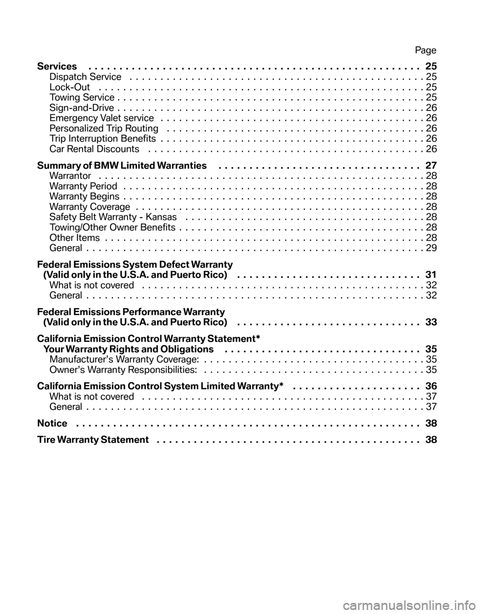 BMW Z4M COUPE 2006 E86 Service and warranty information Services...................................................... 25 
Dispatch Service  ................................................25 
Lock-Out  .....................................................