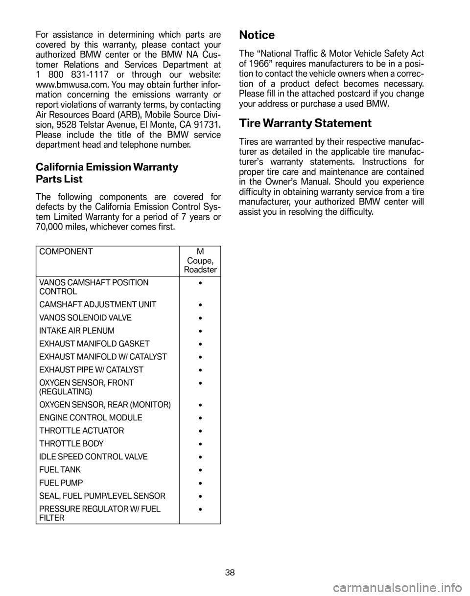 BMW Z4M COUPE 2006 E86 Service and warranty information For assistance in determining which parts are
covered by this warranty, please contact your
authorized BMW center or the BMW NA Cus-
tomer Relations and Services Department at
1 800 831-1117 or throu BMW Z4M COUPE 2006 E86 Service and warranty information For assistance in determining which parts are
covered by this warranty, please contact your
authorized BMW center or the BMW NA Cus-
tomer Relations and Services Department at
1 800 831-1117 or throu