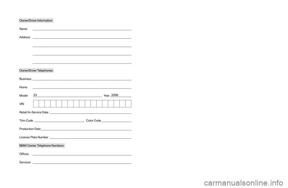 BMW Z4 COUPE 2006 E86 Service and warranty information Owner/Drive rIn form ation\f
Na me __________________________________________ ___________________________
Address __________________________________________ ___________________________
_______________