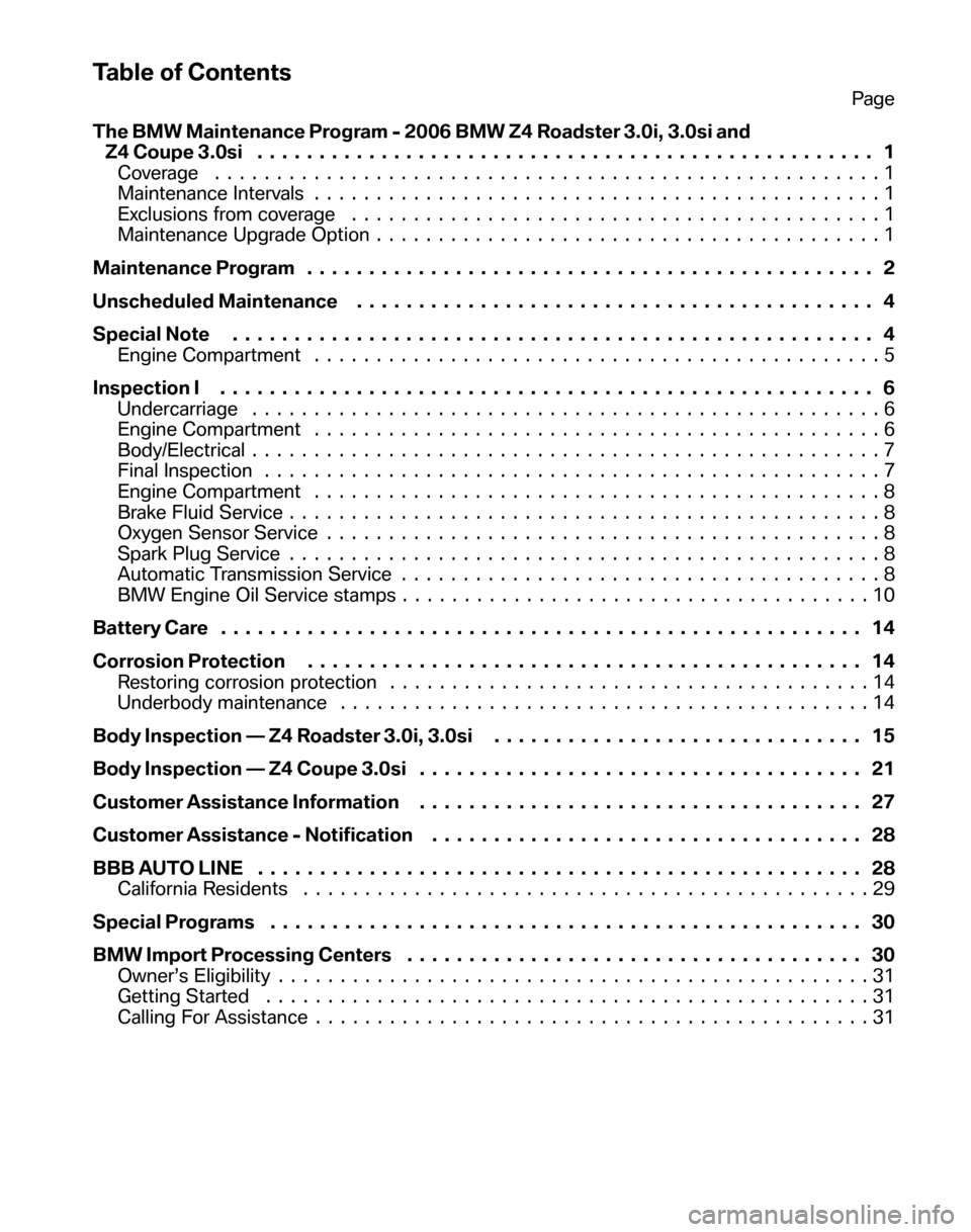 BMW Z4 COUPE 2006 E86 Service and warranty information Table of Contents
Page 
The BMW Maintenance Program - 2006 BMW Z4 Roadster 3.0i, 3.0si and  Z4 Coupe 3.0si . .  ................................................ 1 
Coverage ...........................