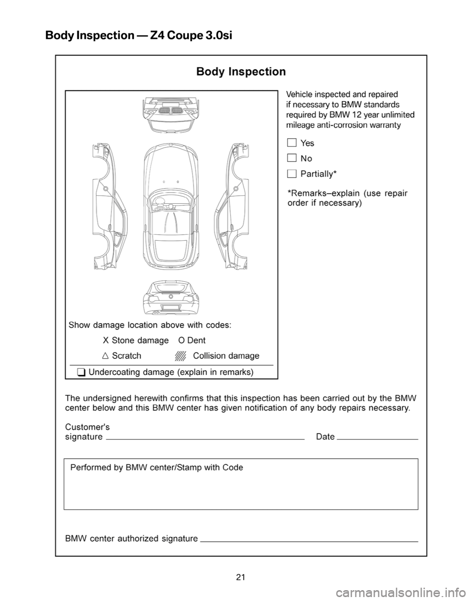 BMW Z4 ROADSTER 2006 E85 Service and warranty information Body Inspection — Z4 Coupe 3.0si
21 