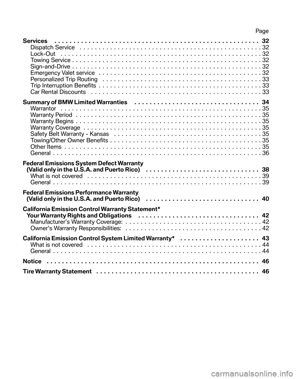 BMW Z4 COUPE 2006 E86 Service and warranty information Services...................................................... 32 
Dispatch Service  ................................................32 
Lock-Out  .....................................................
