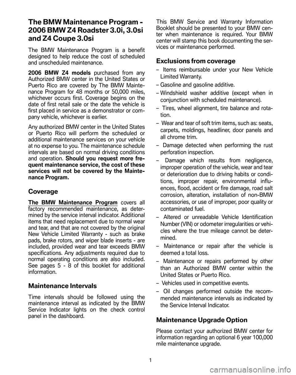 BMW Z4 ROADSTER 2006 E85 Service and warranty information The BMW Maintenance Program - 
2006 BMW Z4 Roadster 3.0i, 3.0si
and Z4 Coupe 3.0si
The BMW Maintenance Program is a benefit 
designed to help reduce the cost of scheduled
and unscheduled maintenance. 