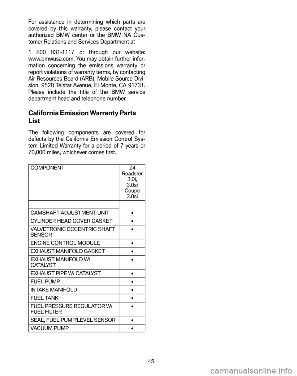 BMW Z4 ROADSTER 2006 E85 Service and warranty information For assistance in determining which parts are
covered by this warranty, please contact your
authorized BMW center or the BMW NA Cus-
tomer Relations and Services Department at
1 800 831-1117 or thro BMW Z4 ROADSTER 2006 E85 Service and warranty information For assistance in determining which parts are
covered by this warranty, please contact your
authorized BMW center or the BMW NA Cus-
tomer Relations and Services Department at
1 800 831-1117 or thro