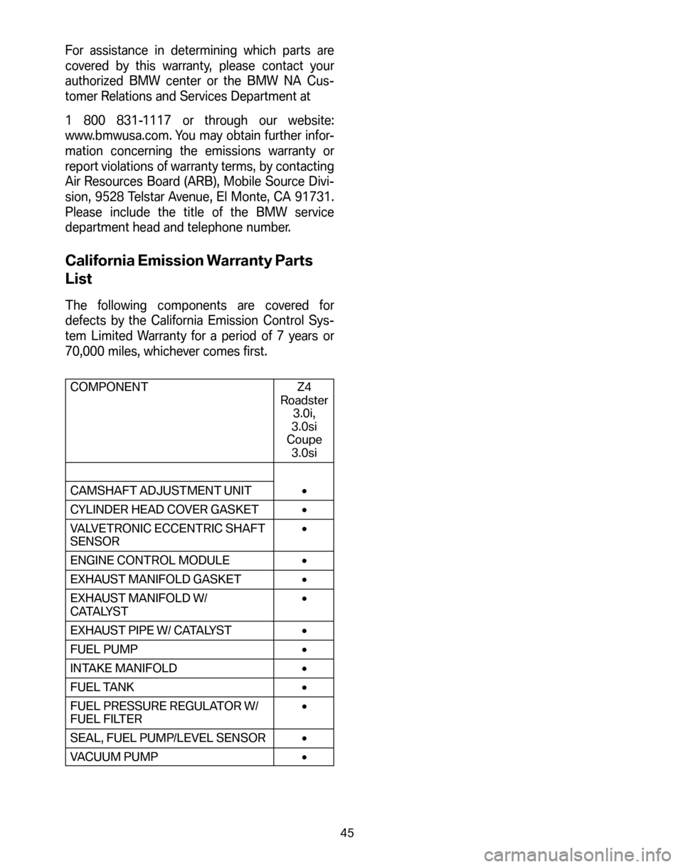 BMW Z4 COUPE 2006 E86 Service and warranty information For assistance in determining which parts are 
covered by this warranty, please contact your
authorized BMW center or the BMW NA Cus-
tomer Relations and Services Department at 
1 800 831-1117 or thro