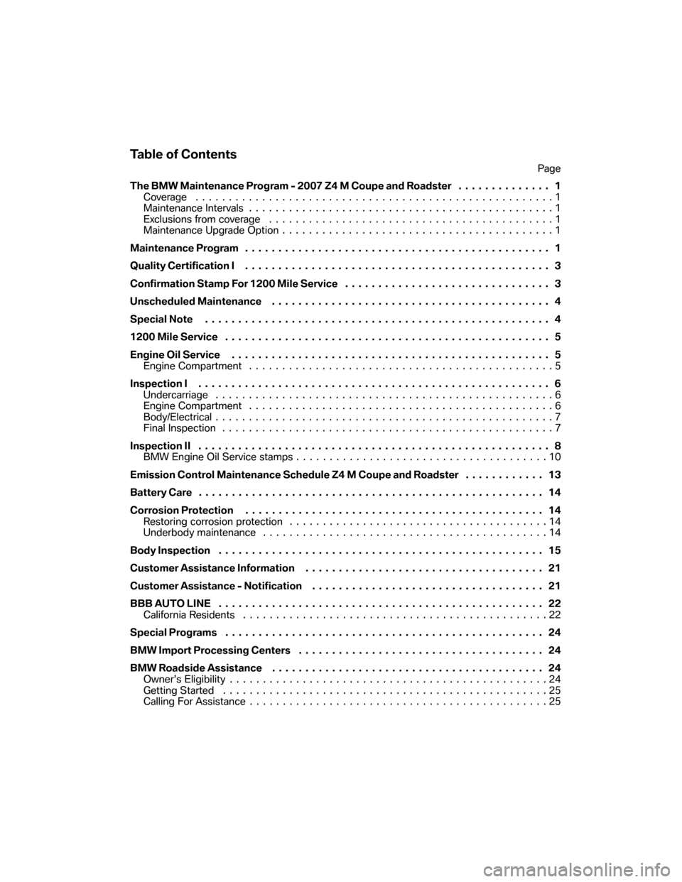 BMW Z4M COUPE 2007 E86 Service and warranty information Table of Contents
Page
The BMW Maintenance Program - 2007 Z4 M Coupe and Roadster.............. 1
Coverage ......................................................1
Maintenance Intervals................
