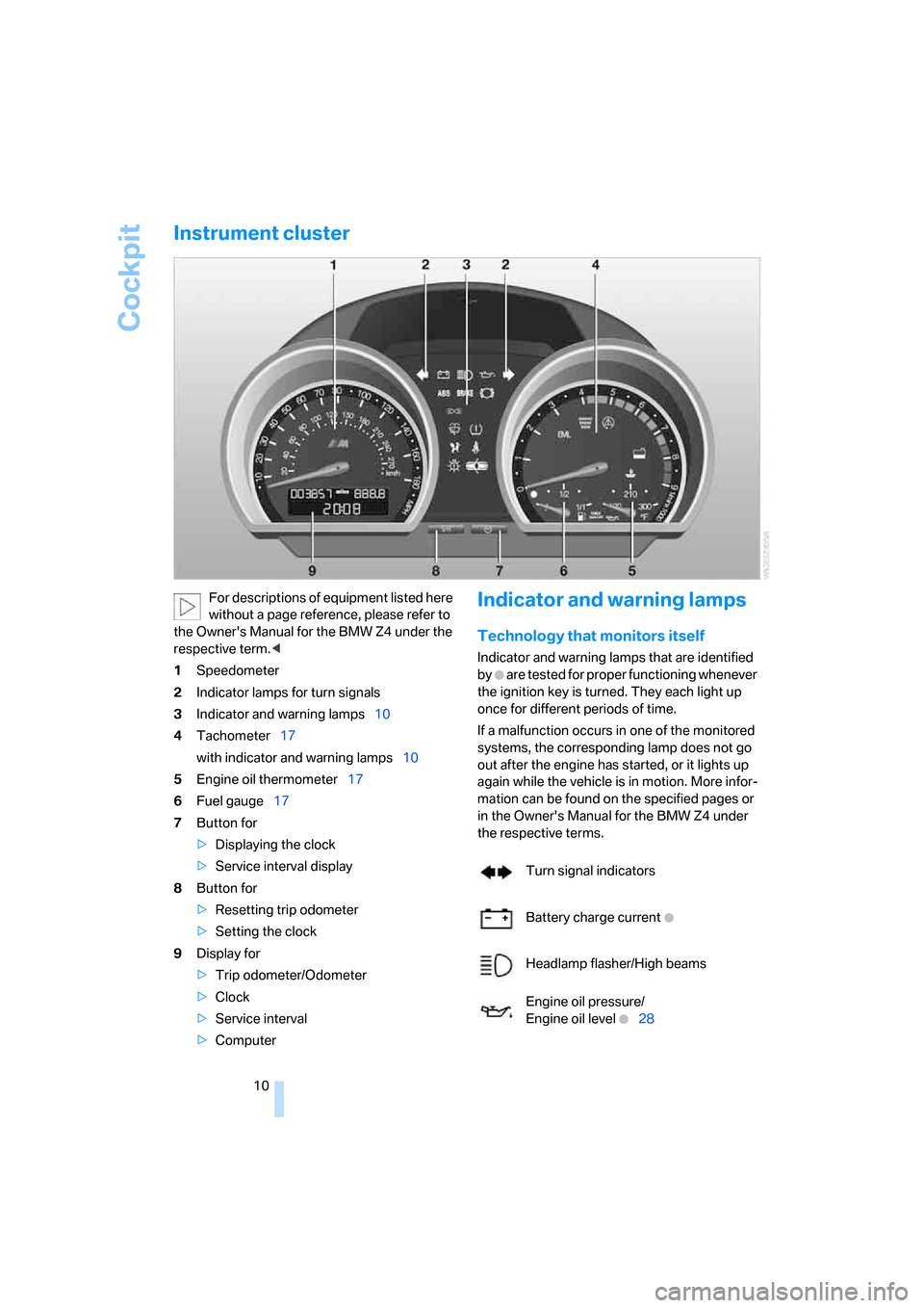 BMW Z4M COUPE 2007 E86 User Guide Cockpit
10
Instrument cluster
For descriptions of equipment listed here
without a page reference, please refer to
the Owners Manual for the BMW Z4 under the
respective term.<
1Speedometer
2Indicat BMW Z4M COUPE 2007 E86 User Guide Cockpit
10
Instrument cluster
For descriptions of equipment listed here
without a page reference, please refer to
the Owners Manual for the BMW Z4 under the
respective term.<
1Speedometer
2Indicat