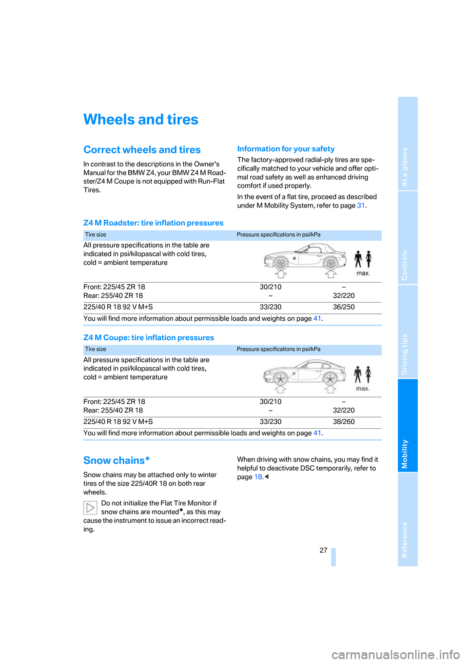 BMW Z4M COUPE 2007 E86 Owners Manual Reference
At a glance
Controls
Driving tips
Mobility
27
Wheels and tires
Correct wheels and tires
In contrast to the descriptions in the Owners
Manual for the BMW Z4, your BMW Z4 M Road-
ster/Z4 M BMW Z4M COUPE 2007 E86 Owners Manual Reference
At a glance
Controls
Driving tips
Mobility
27
Wheels and tires
Correct wheels and tires
In contrast to the descriptions in the Owners
Manual for the BMW Z4, your BMW Z4 M Road-
ster/Z4 M
