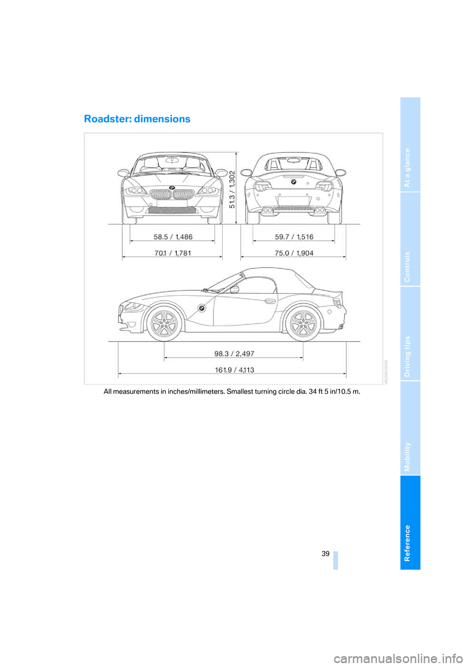 BMW Z4M ROADSTER 2007 E85 Service Manual Reference
At a glance
Controls
Driving tips
Mobility
 39
Roadster: dimensions
All measurements in inches/millimeters. Smallest turning circle dia. 34 ft 5 in/10.5 m.
ba5.book  Seite 39  Mittwoch, 28. 