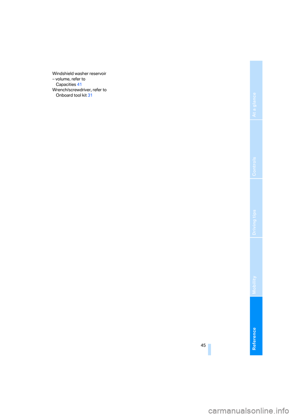 BMW Z4M ROADSTER 2007 E85 Service Manual Reference
At a glance
Controls
Driving tips
Mobility
 45
Windshield washer reservoir
– volume, refer to 
Capacities41
Wrench/screwdriver, refer to 
Onboard tool kit31
ba5.book  Seite 45  Mittwoch, 2