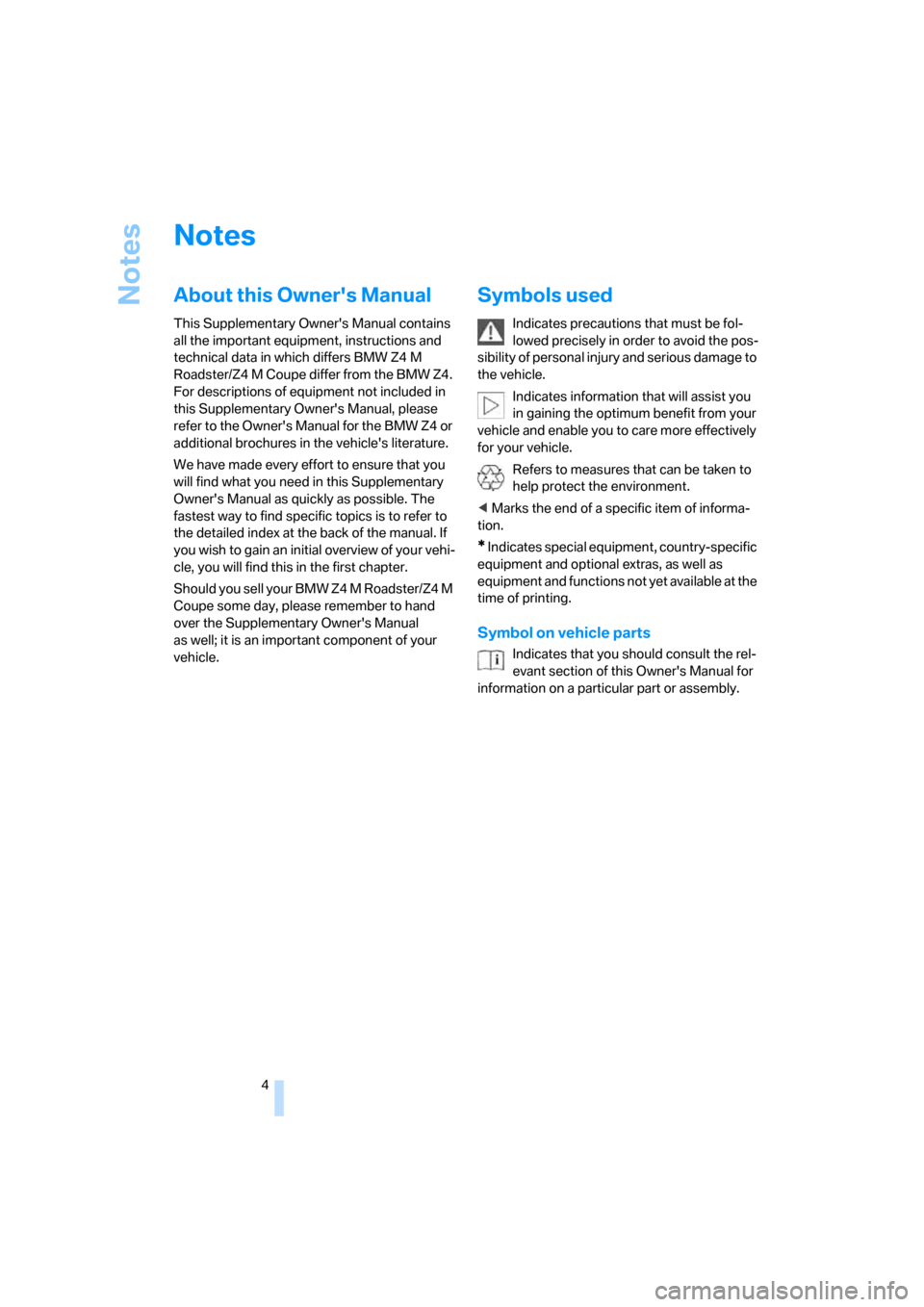 BMW Z4M COUPE 2007 E86 Owners Manual Notes
4
Notes
About this Owners Manual
This Supplementary Owners Manual contains
all the important equipment, instructions and
technical data in which differs BMW Z4 M
Roadster/Z4 M Coupe differ BMW Z4M COUPE 2007 E86 Owners Manual Notes
4
Notes
About this Owners Manual
This Supplementary Owners Manual contains
all the important equipment, instructions and
technical data in which differs BMW Z4 M
Roadster/Z4 M Coupe differ