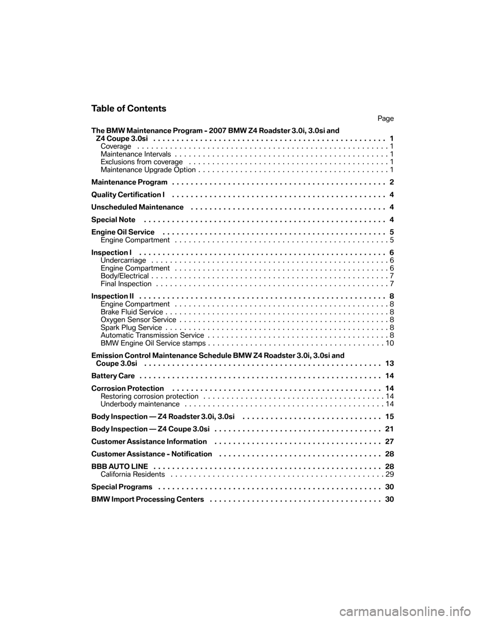 BMW Z4 COUPE 2007 E86 Service and warranty information Table of Contents
Page
The BMW Maintenance Program - 2007 BMW Z4 Roadster 3.0i, 3.0si and
Z4 Coupe 3.0si . ................................................. 1
Coverage ................................