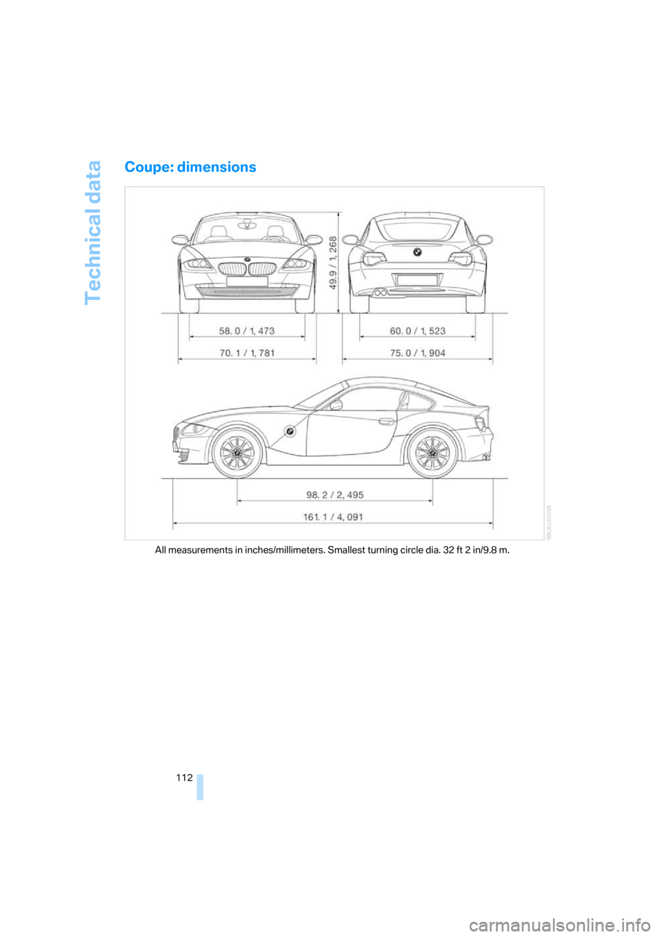 BMW Z4 3.0I COUPE 2008 E86 Owners Manual Technical data
112
Coupe: dimensions
All measurements in inches/millimeters. Smallest turning circle dia. 32 ft 2 in/9.8 m. BMW Z4 3.0I COUPE 2008 E86 Owners Manual Technical data
112
Coupe: dimensions
All measurements in inches/millimeters. Smallest turning circle dia. 32 ft 2 in/9.8 m.