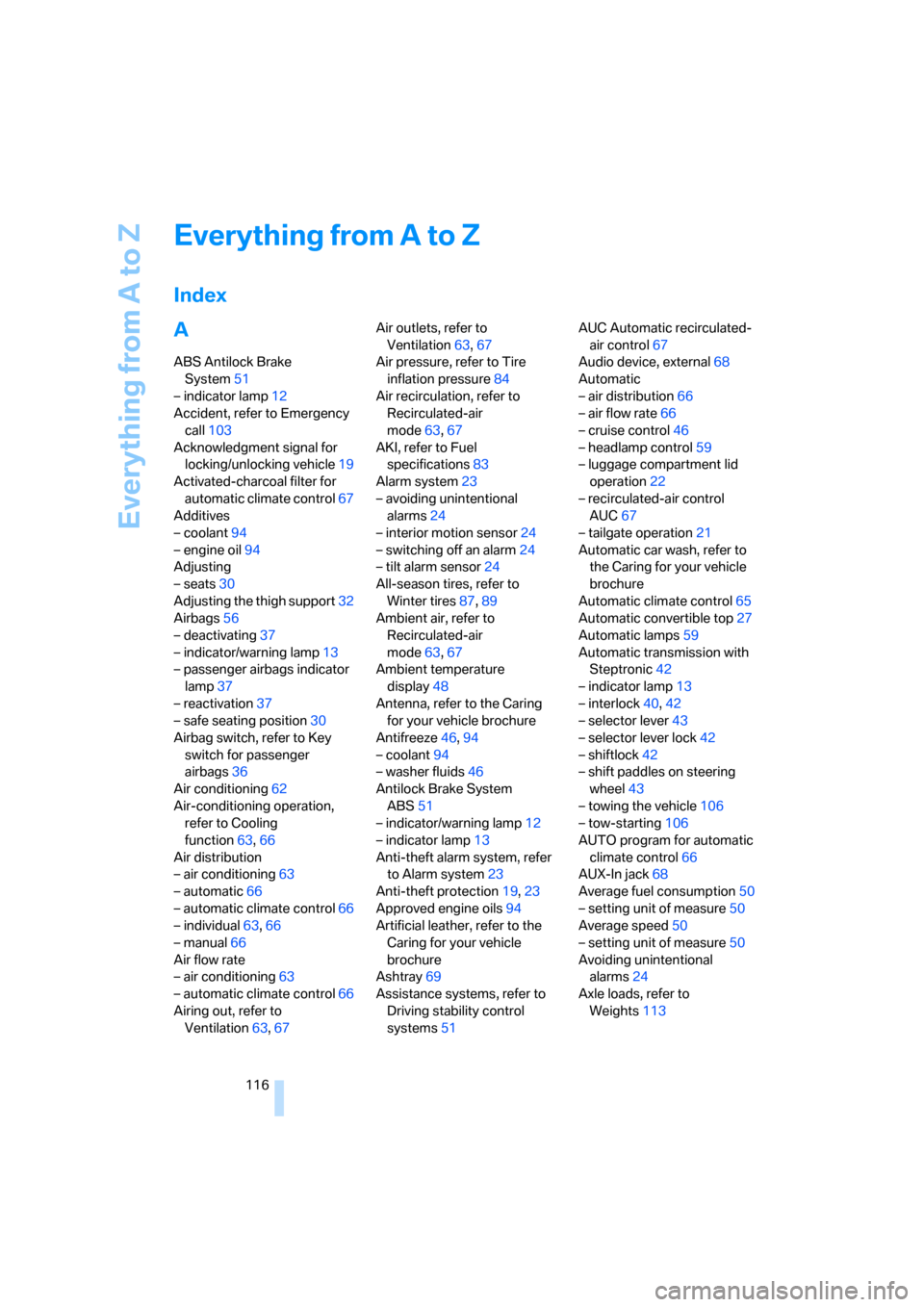 BMW Z4 3.0I COUPE 2008 E86 Owners Manual Everything from A to Z
116
Everything from A to Z
Index
A
ABS Antilock Brake 
System51
– indicator lamp12
Accident, refer to Emergency 
call103
Acknowledgment signal for 
locking/unlocking vehicle19