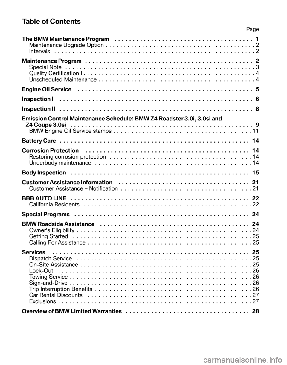 BMW Z4 ROADSTER 2008 E85 Service and warranty information Table of Contents
Page 
The BMW Maintenance Program  ...................................... 1 
Maintenance Upgrade Option  .........................................2 
Intervals .......................