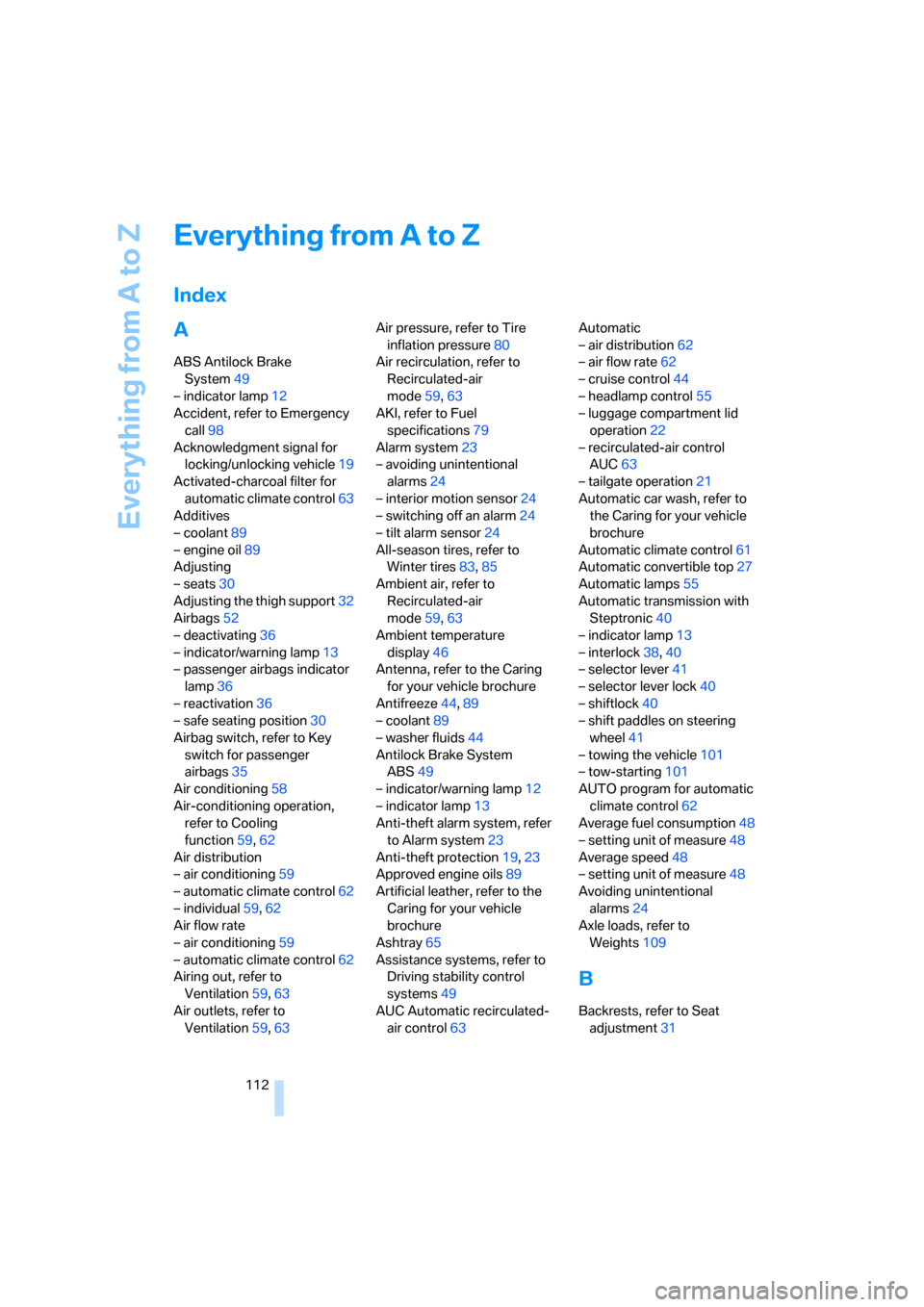 BMW Z4 COUPE 2006 E86 Owners Manual Everything from A to Z
112
Everything from A to Z
Index
A
ABS Antilock Brake 
System49
– indicator lamp12
Accident, refer to Emergency 
call98
Acknowledgment signal for 
locking/unlocking vehicle19
