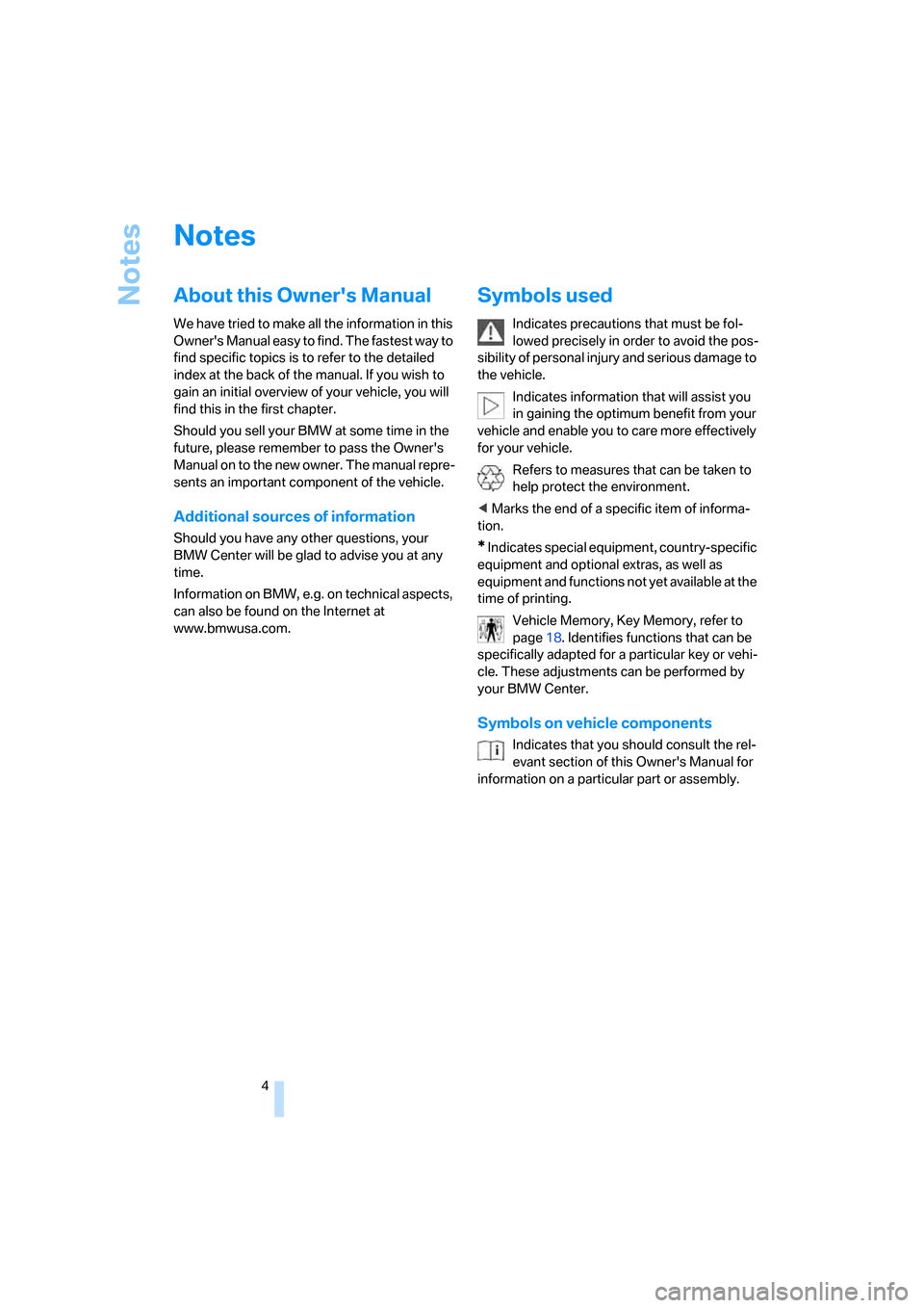 BMW Z4 COUPE 2006 E86 Owners Manual Notes
4
Notes
About this Owners Manual
We have tried to make all the information in this
Owners Manual easy to find. The fastest way to
find specific topics is to refer to the detailed
index at t BMW Z4 COUPE 2006 E86 Owners Manual Notes
4
Notes
About this Owners Manual
We have tried to make all the information in this
Owners Manual easy to find. The fastest way to
find specific topics is to refer to the detailed
index at t