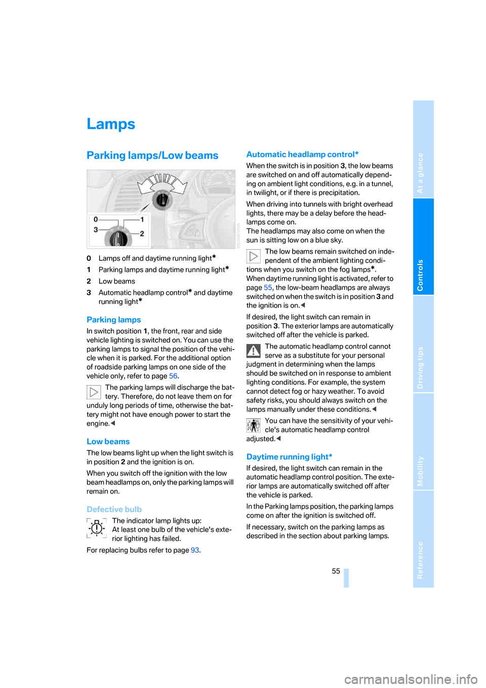 BMW Z4 COUPE 2006 E86 Owners Manual Reference
At a glance
Controls
Driving tips
Mobility
 55
Lamps
Parking lamps/Low beams 
0Lamps off and daytime running light*
1Parking lamps and daytime running light*
2Low beams
3Automatic headlamp c