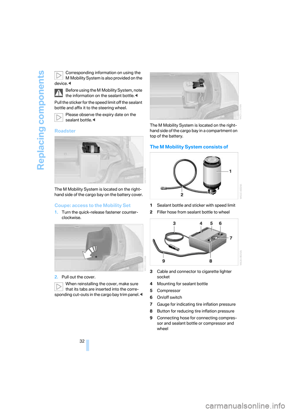 BMW Z4M COUPE 2006 E86 Owners Manual Replacing components
32 Corresponding information on using the 
M Mobility System is also provided on the 
device.<
Before using the M Mobility System, note 
the information on the sealant bottle.<
Pu