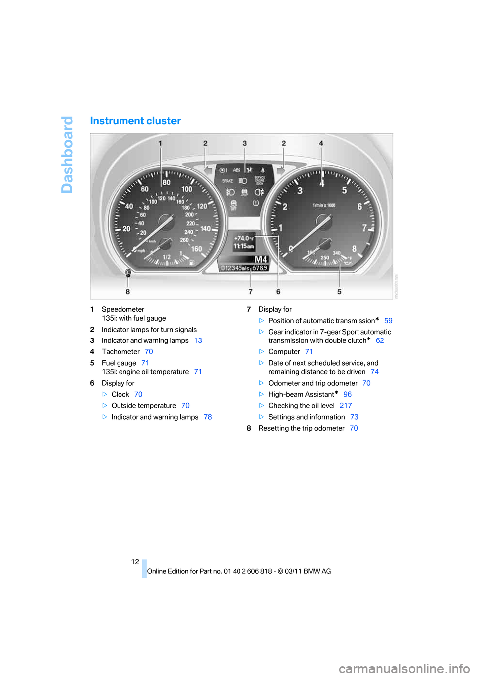 BMW 135I 2012 E88 Owners Manual Dashboard
12
Instrument cluster
1Speedometer
135i: with fuel gauge
2Indicator lamps for turn signals
3Indicator and warning lamps13
4Tachometer70
5Fuel gauge71
135i: engine oil temperature71
6Display BMW 135I 2012 E88 Owners Manual Dashboard
12
Instrument cluster
1Speedometer
135i: with fuel gauge
2Indicator lamps for turn signals
3Indicator and warning lamps13
4Tachometer70
5Fuel gauge71
135i: engine oil temperature71
6Display
