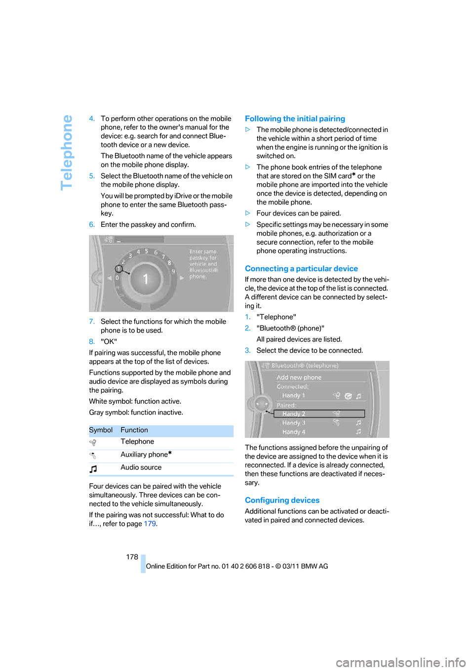 BMW 128I 2012 E88 Owners Manual Telephone
178 4.To perform other operations on the mobile 
phone, refer to the owners manual for the 
device: e.g. search for and connect Blue-
tooth device or a new device.
The Bluetooth name of the