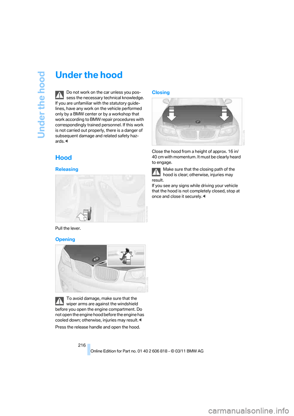 BMW 128I 2012 E88 Owners Manual Under the hood
216
Under the hood
Do not work on the car unless you pos-
sess the necessary technical knowledge.
If you are unfamiliar with the statutory guide-
lines, have any work on the vehicle pe BMW 128I 2012 E88 Owners Manual Under the hood
216
Under the hood
Do not work on the car unless you pos-
sess the necessary technical knowledge.
If you are unfamiliar with the statutory guide-
lines, have any work on the vehicle pe