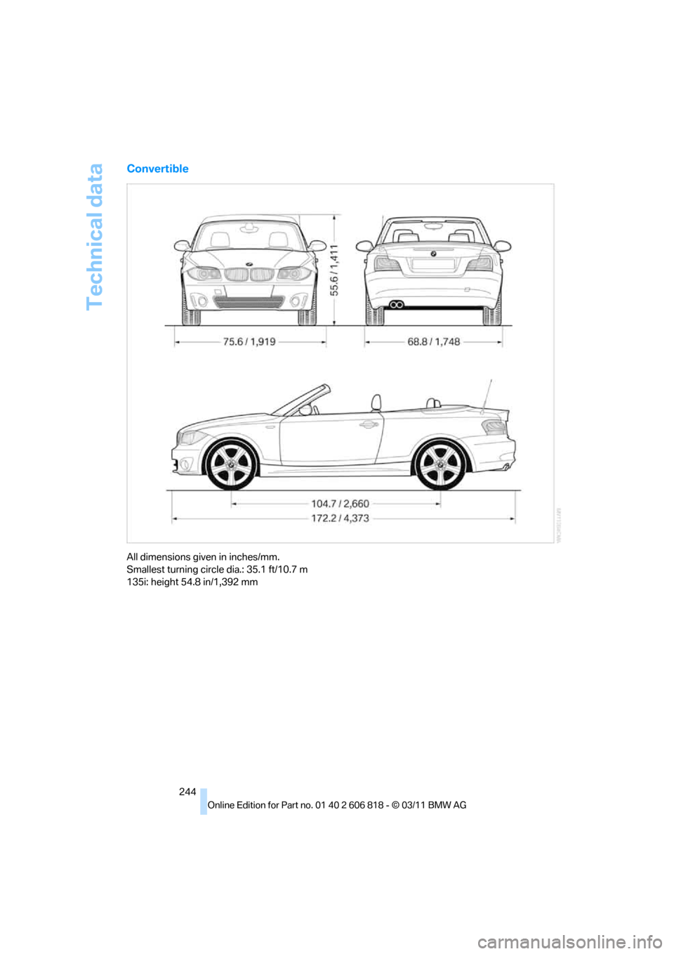 BMW 128I 2012 E88 Owners Manual Technical data
244
Convertible
All dimensions given in inches/mm. 
Smallest turning circle dia.: 35.1 ft/10.7 m
135i: height 54.8 in/1,392 mm 