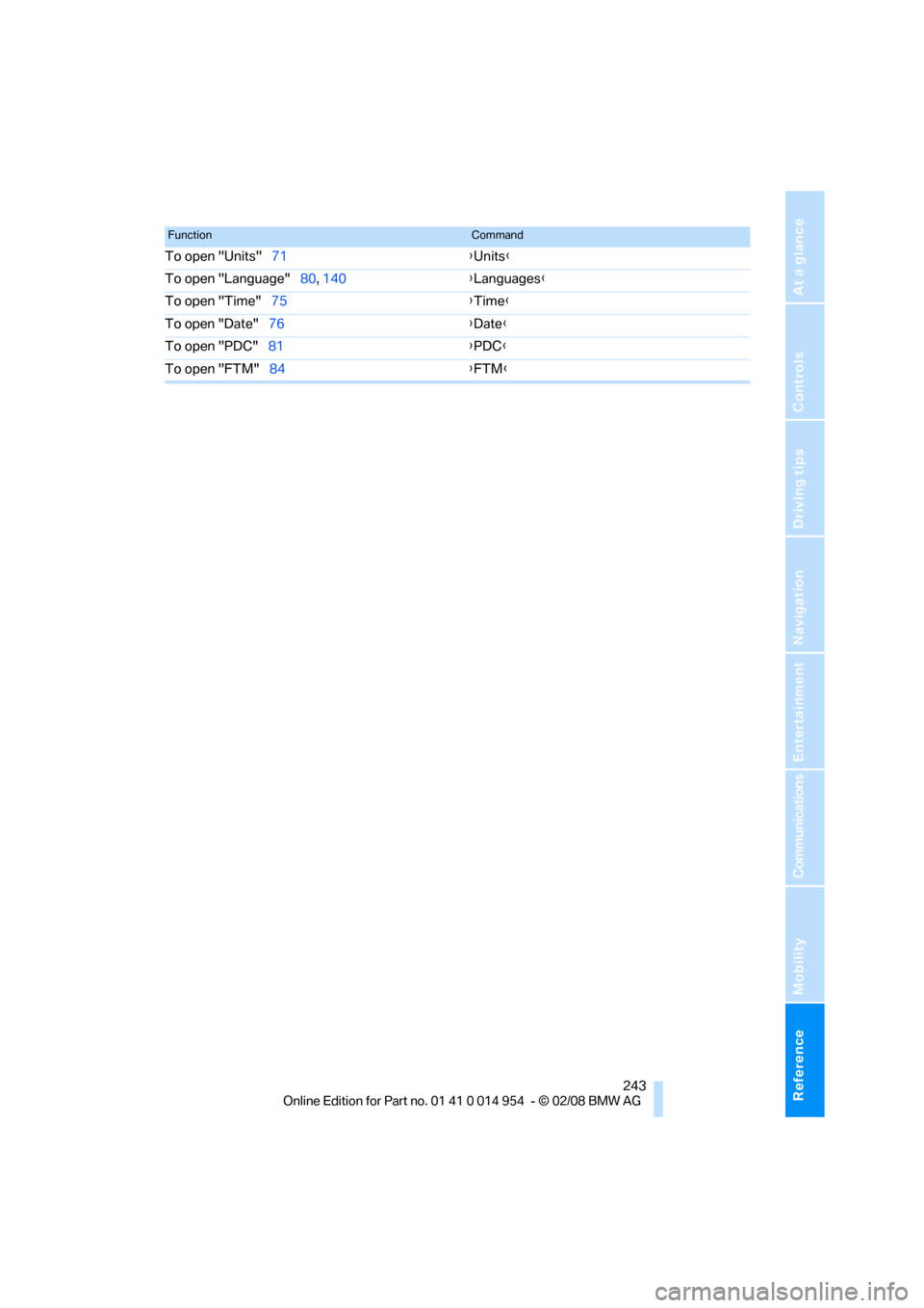BMW 128I CONVERTIBLE 2008 E88 Owners Manual Reference 243
At a glance
Controls
Driving tips
Communications
Navigation
Entertainment
Mobility
To open "Units"71{Units}
To open "Language"80, 140{Languages}
To open "Time"75{Time}
To open "Date"76{D BMW 128I CONVERTIBLE 2008 E88 Owners Manual Reference 243
At a glance
Controls
Driving tips
Communications
Navigation
Entertainment
Mobility
To open "Units"71{Units}
To open "Language"80, 140{Languages}
To open "Time"75{Time}
To open "Date"76{D