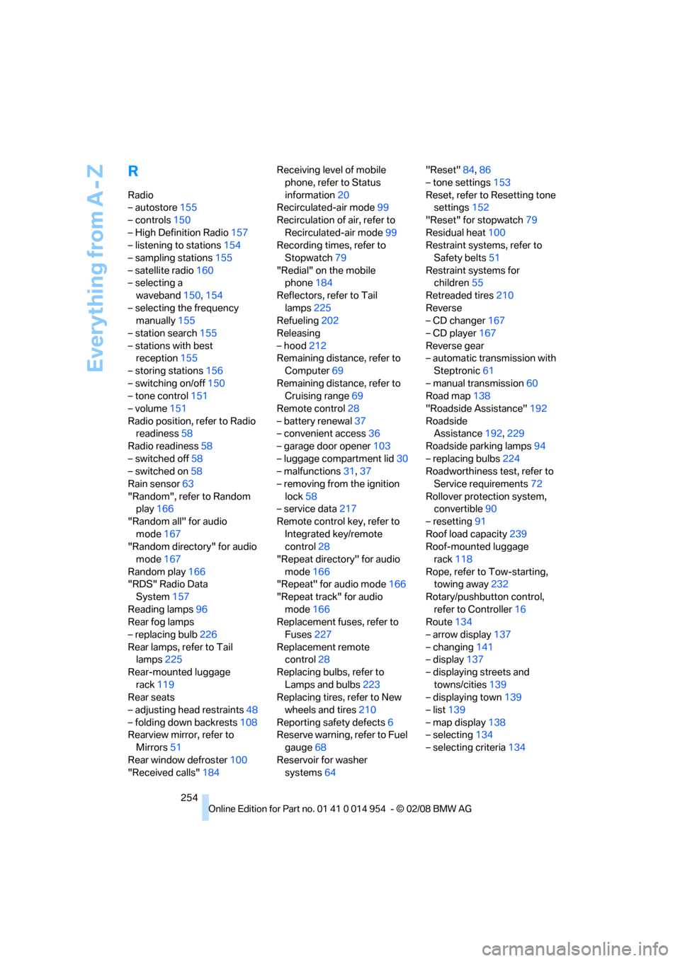BMW 128I CONVERTIBLE 2008 E88 Owners Guide Everything from A - Z
254
R
Radio
– autostore155
– controls150
– High Definition Radio157
– listening to stations154
– sampling stations155
– satellite radio160
– selecting a 
waveband15
